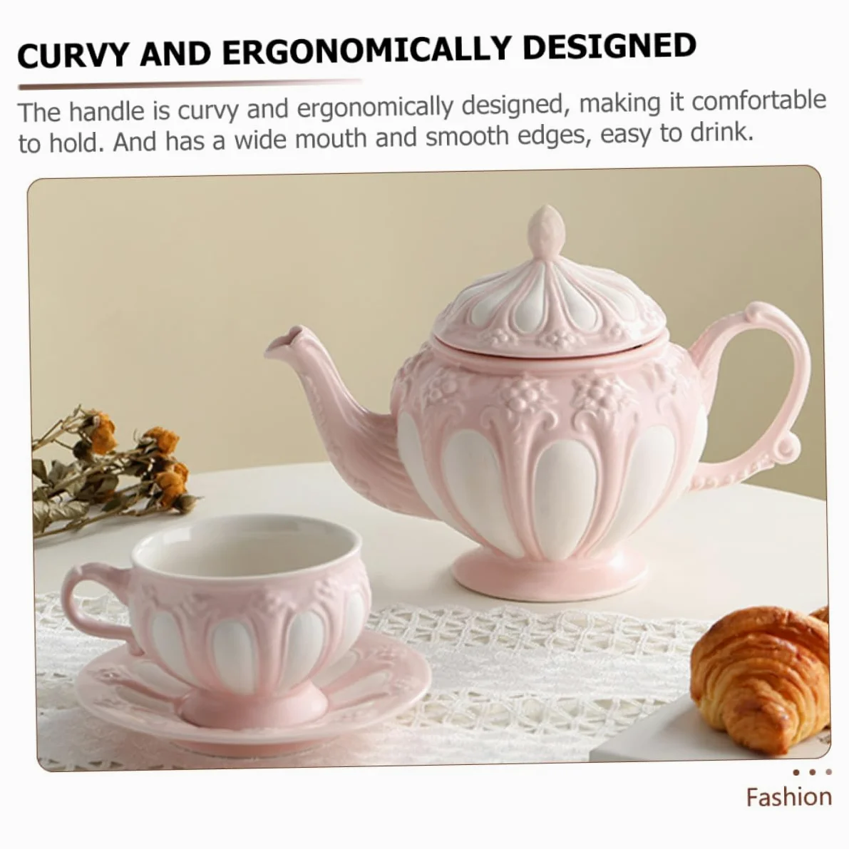 Juego de Tazas de Café Mango Ergonómico de Cerámica Diseño Europeo en Relieve y Color Rosa, Adecuado Hogar o Cafetería
