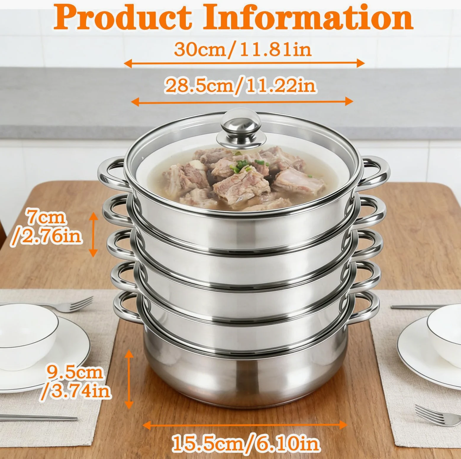 Vaporera Acero Inoxidable con Tapa Vristal, Olla Presión Verduras Grande Hogar 5 Capas Duradera, Ollas Vaporera Cocinar Vapor Cocinar Vapor Steamer Cooking para Cocinar Verduras Mariscos Sopas Guisos