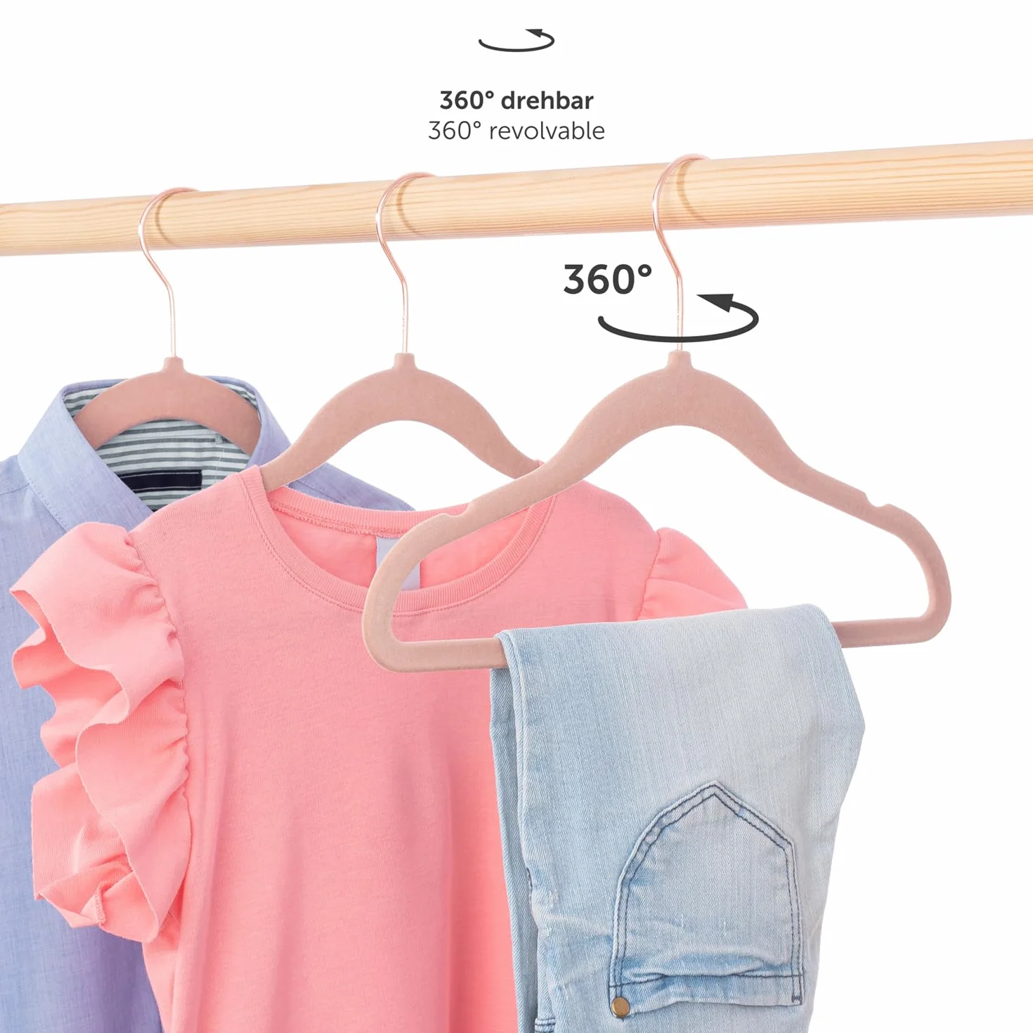 Perchas Infantiles 50 pzs de Terciopelo - Perchas Bebe Recien Nacido Ahorra Espacio - Giratorias 360° Antideslizantes Rosa
