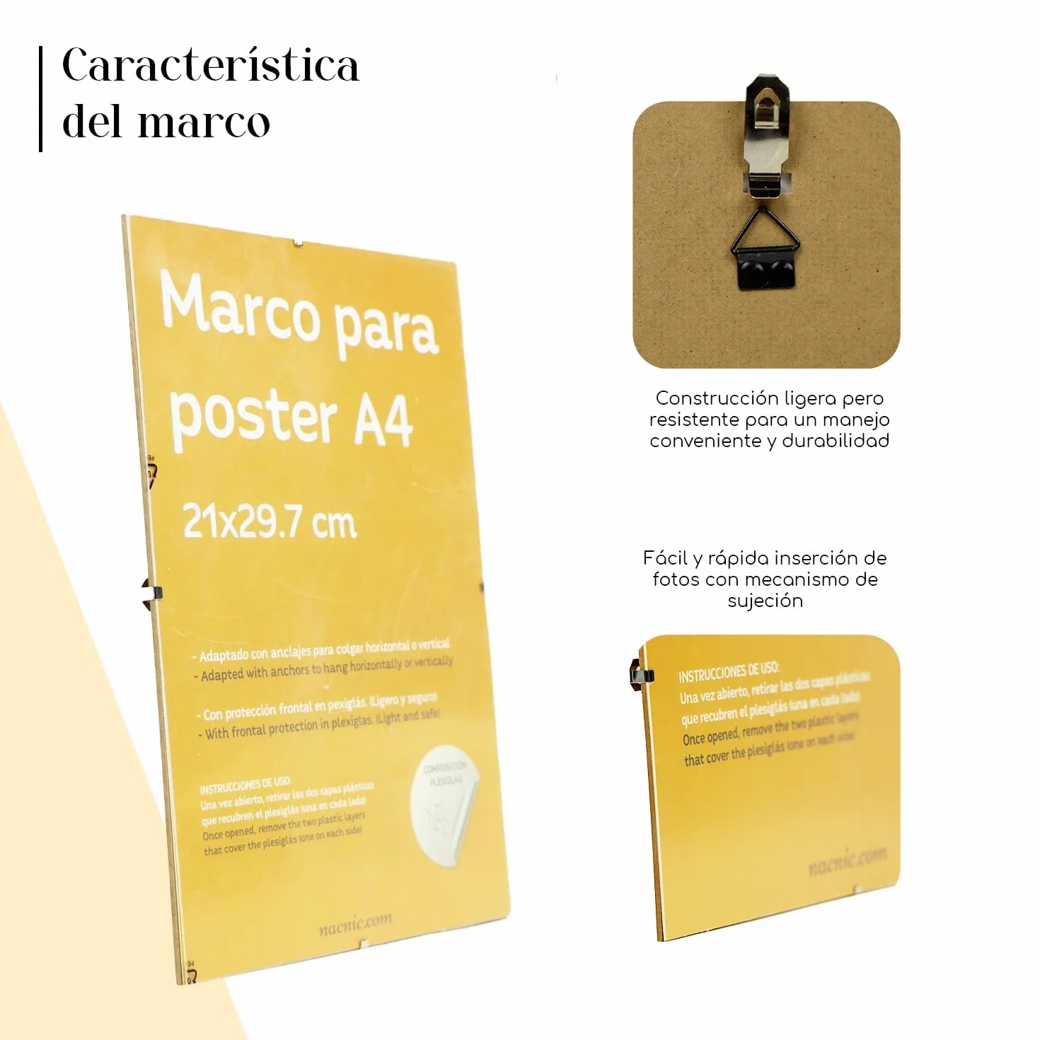 Nacnic Septiembre 4 Clips Marcos Transparentes. Soportes transparentes para fotos, carteles, diplomas, dibujos o hojas. A4 (21 x 29,7 cm). Clip transparente con marcos