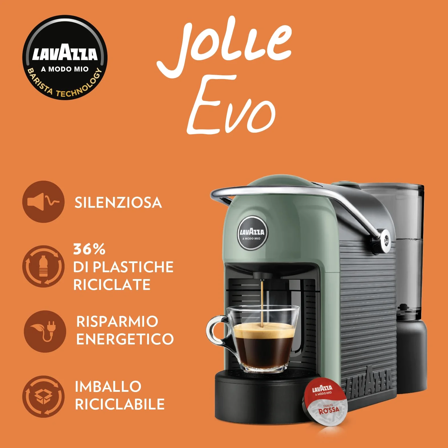 Lavazza, A Modo Mio Jolie Evo, Cafetera de 36% Plástico Reciclado, Máquina de Café Expreso con 64 Cápsulas Lavazza, A Modo Mio Crema y Sabor Clásico Incluido, Verde