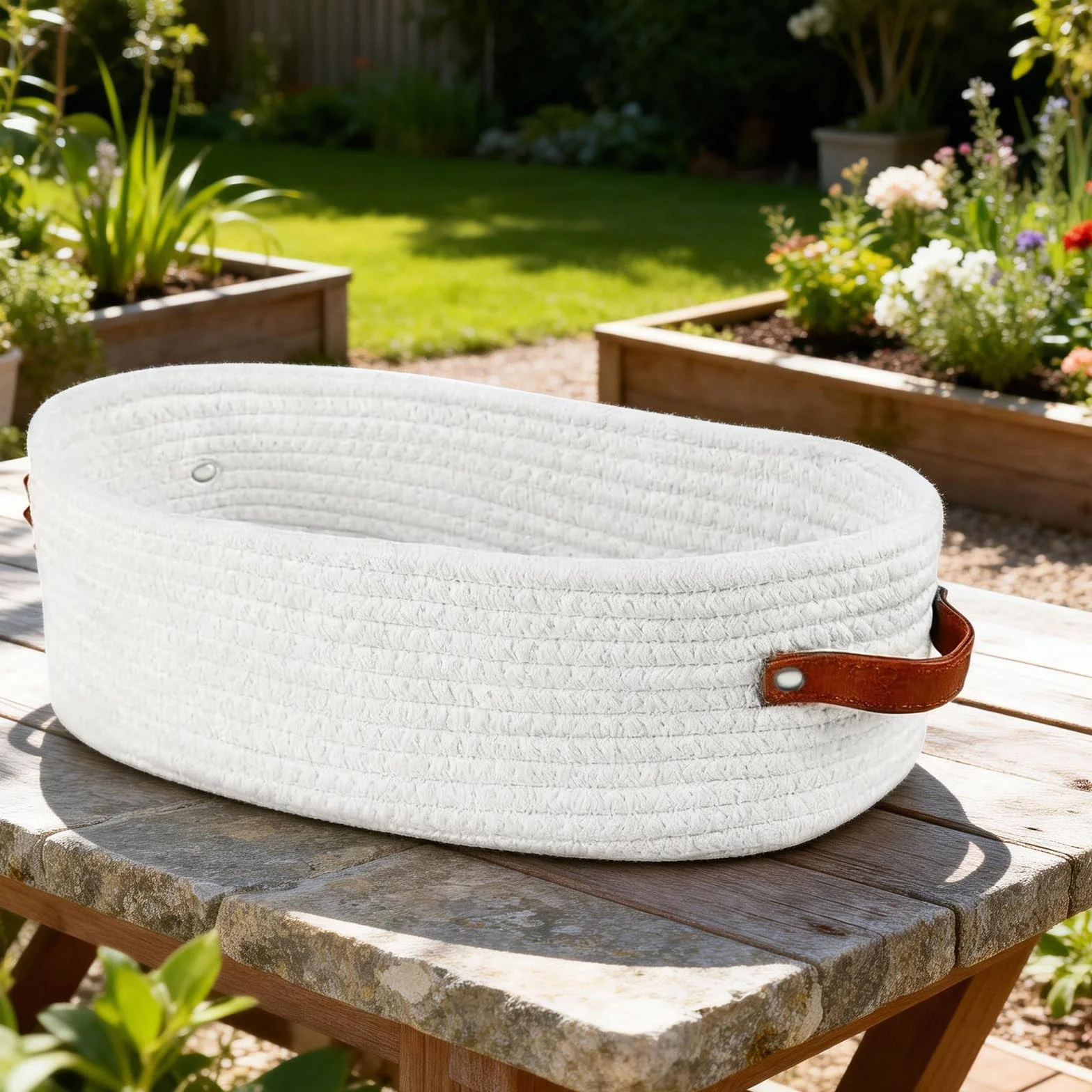 Cesta de Almacenaje Tejida de Cuerda de Algodón 33×15×10 cm con Asas de Cuero para Baño, Cocina, Estantería (Blanco)