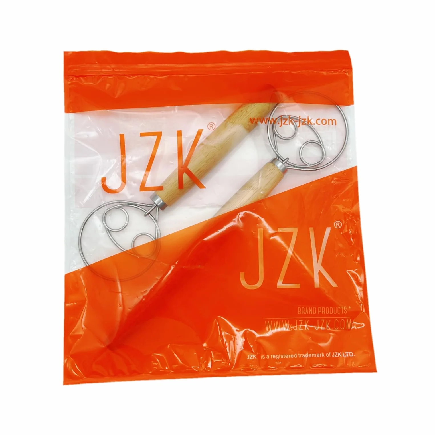 JZK Batidor de Masa Danés de 33 cm y 25.5 cm, 2 piezas con mango largo de madera, batidor para pan, galletas y pasteles, herramienta manual para amasar y hornear