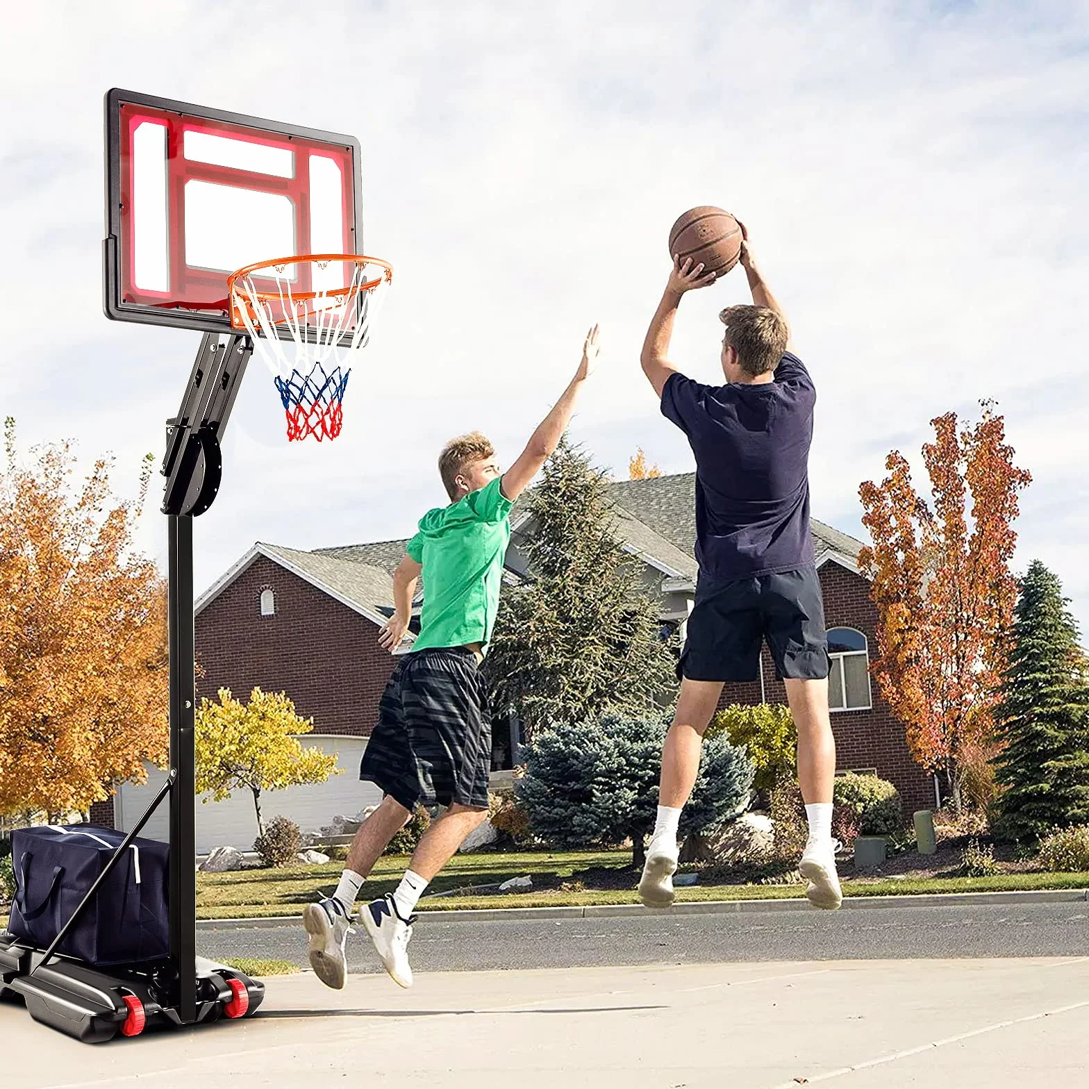 KOMFOTTEU Canasta de Baloncesto Altura Ajustable 105-260 cm Portátil con Ruedas Base Rellenable