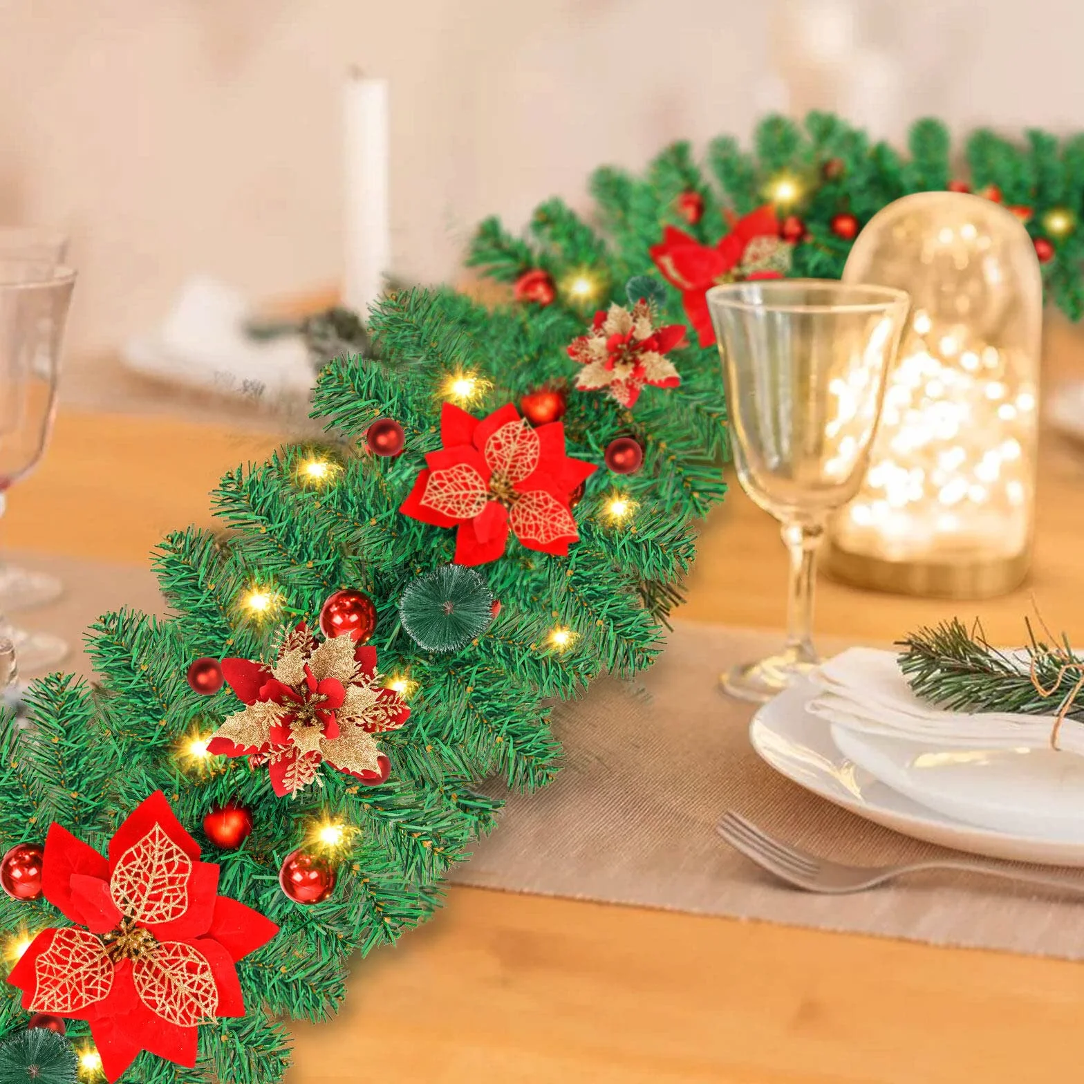 Guirnalda Navidad De 2,7 M/9 FT Con Luces Led, Decoraciones Artificiales para Puertas, Chimeneas, Escaleras y Árboles De Navidad