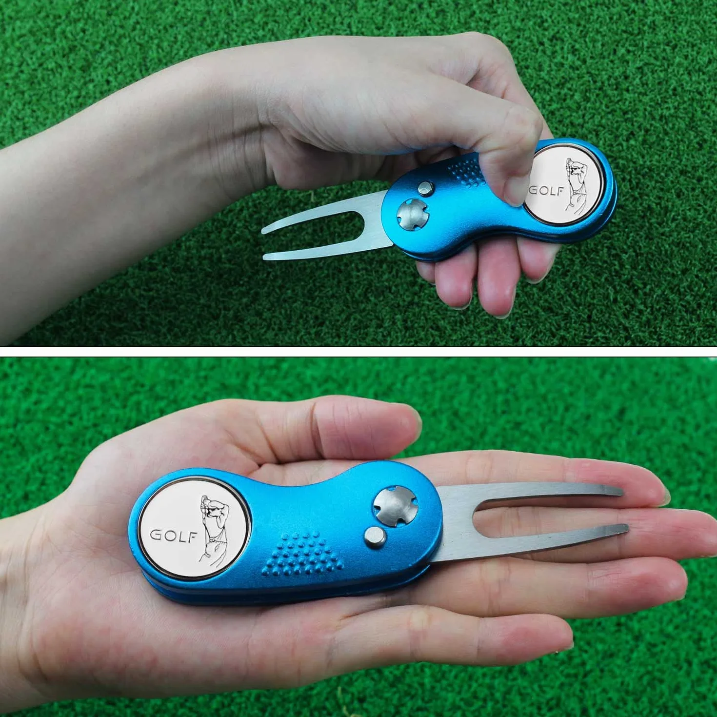 Kofull Herramienta de reparación de Palas de Golf de Acero Inoxidable con botón desplegable, portátil y Plegable, 1 PCS