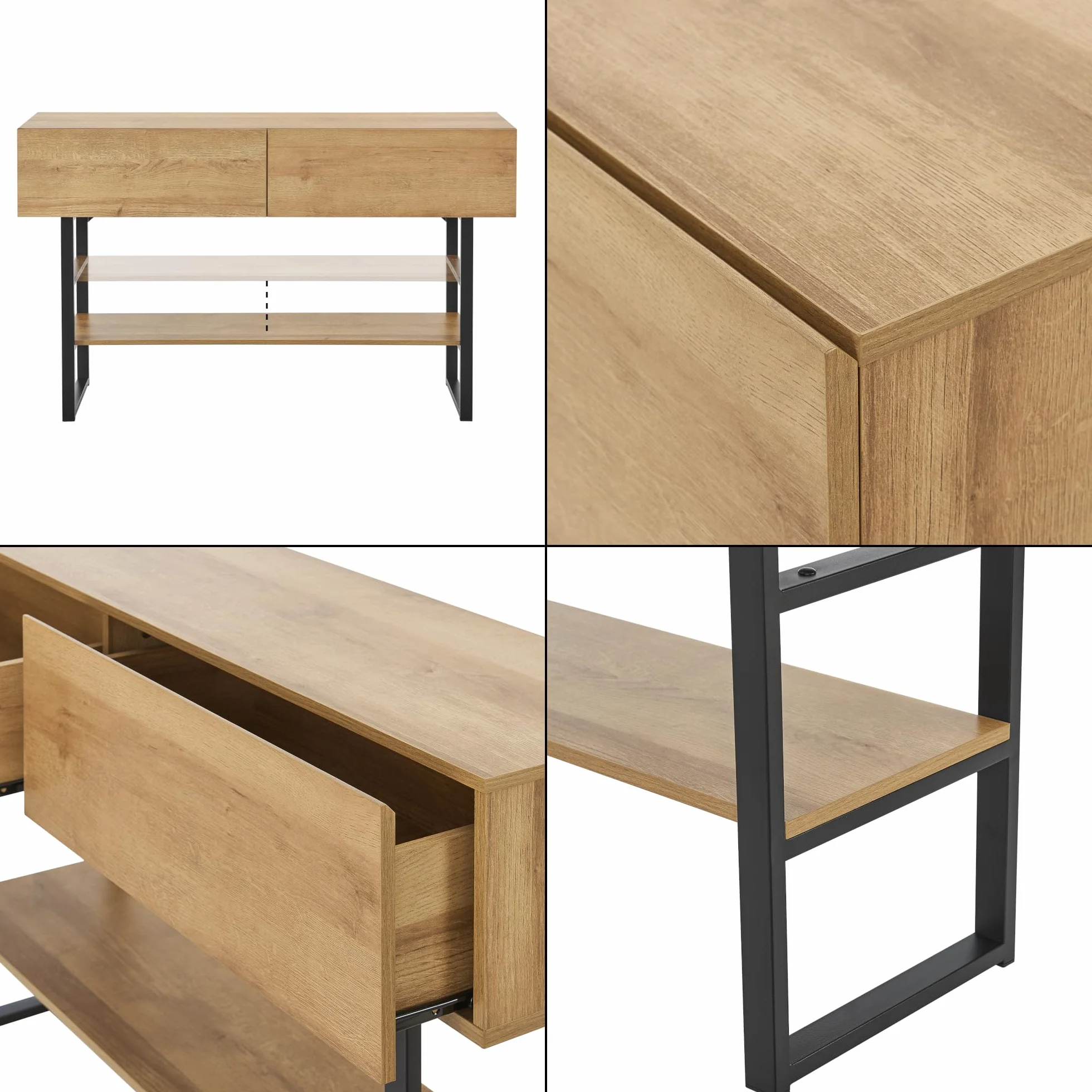 [en.casa] Mueble Recibidor Varberg Mesa Consola Mesa de Entrada con 2 Cajones y 1 Estante Regulable en Altura Metal Aglomerado 75 x 120 x 30 cm - Efecto Roble