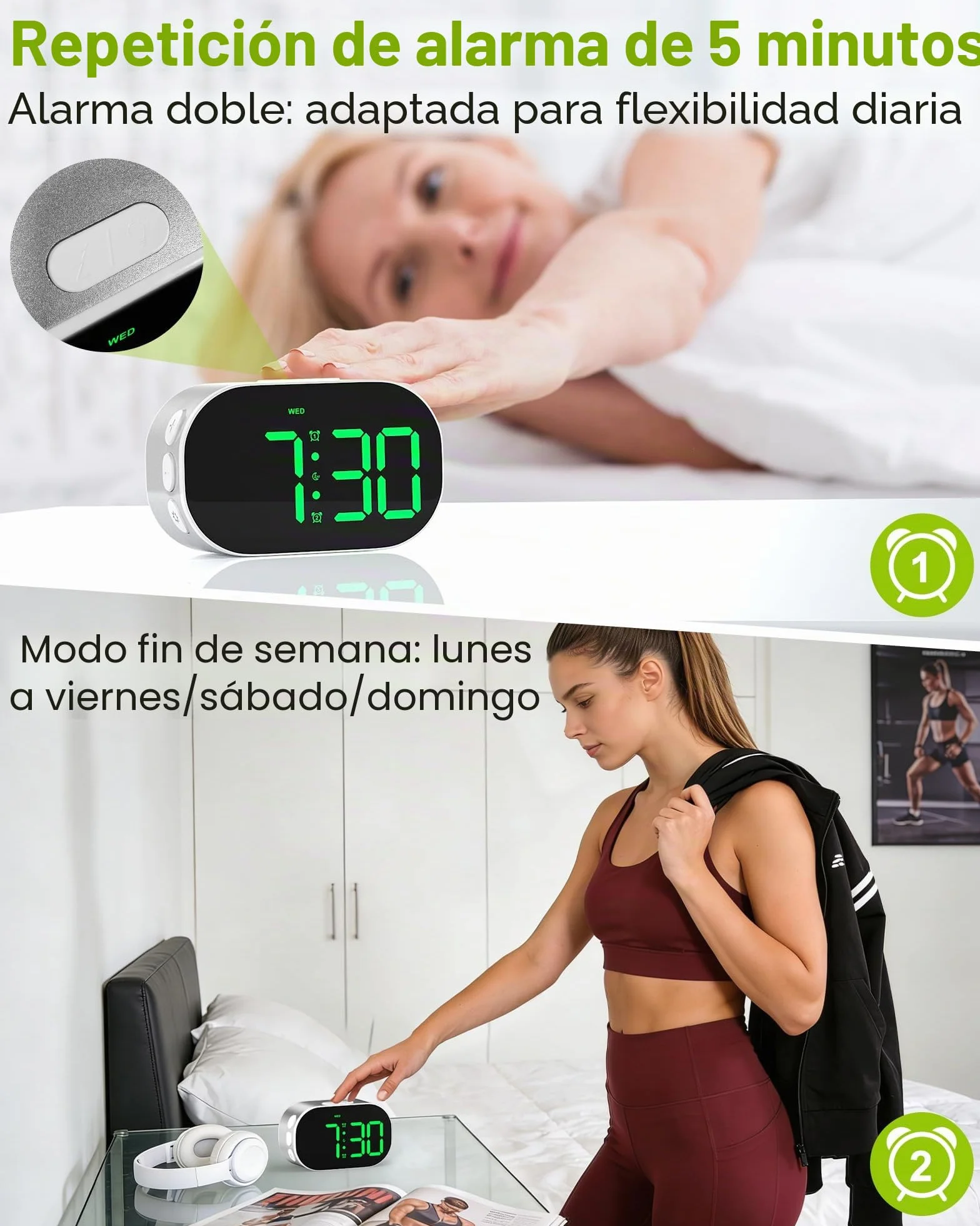 Reloj Despertador Digital de Mesita,Despertador de Aluminio con Números Grandes,Snooze,12/24H,para Dormitorio, Mesita de Noche y Viaje (Plateado)