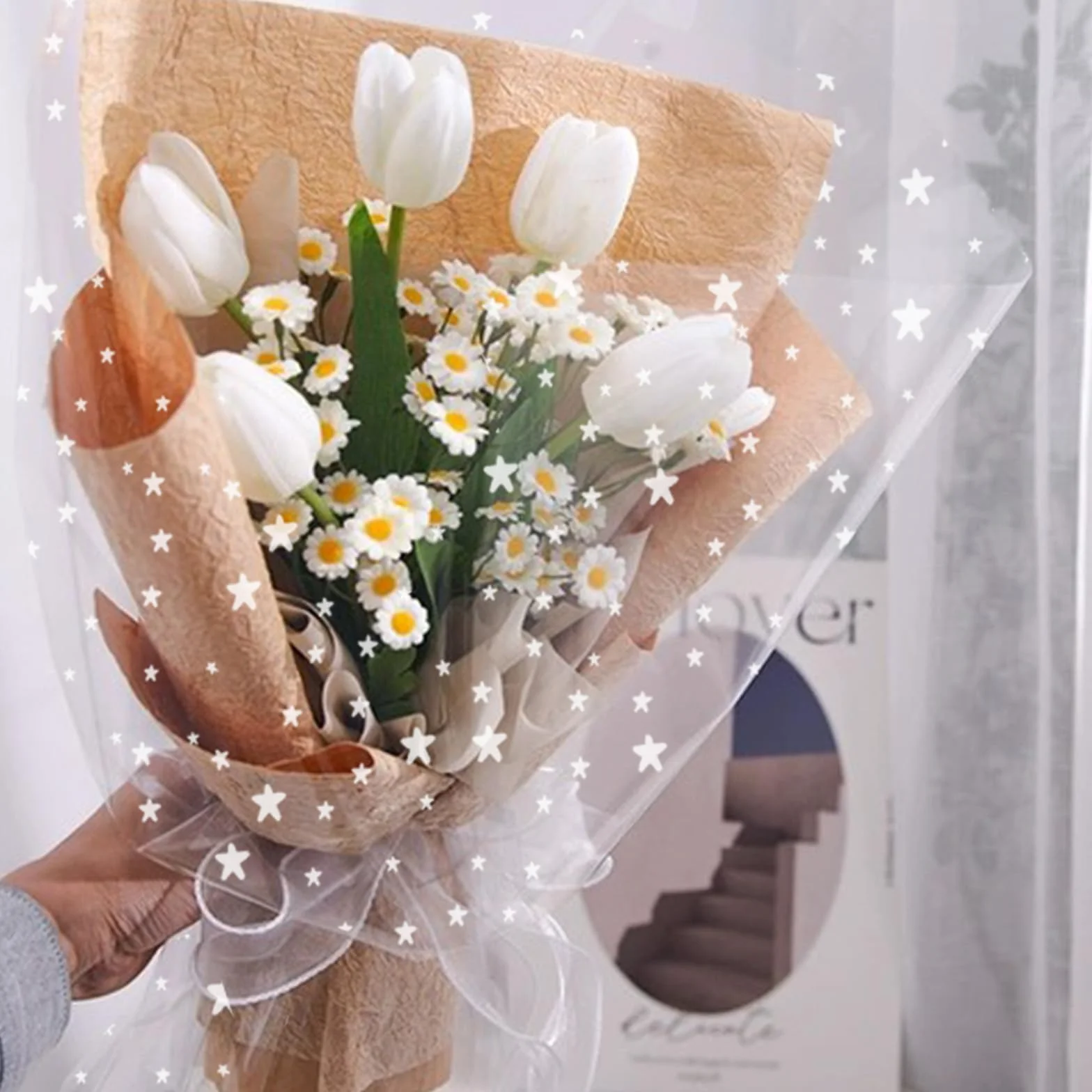 Rollo de embalaje de papel de vidrio plegable de doble capa de 20m × 84cm, Rollo de celofán transparente para envolver cestas, alimentos, regalos de cumpleaños, flores y manualidades (estrella)
