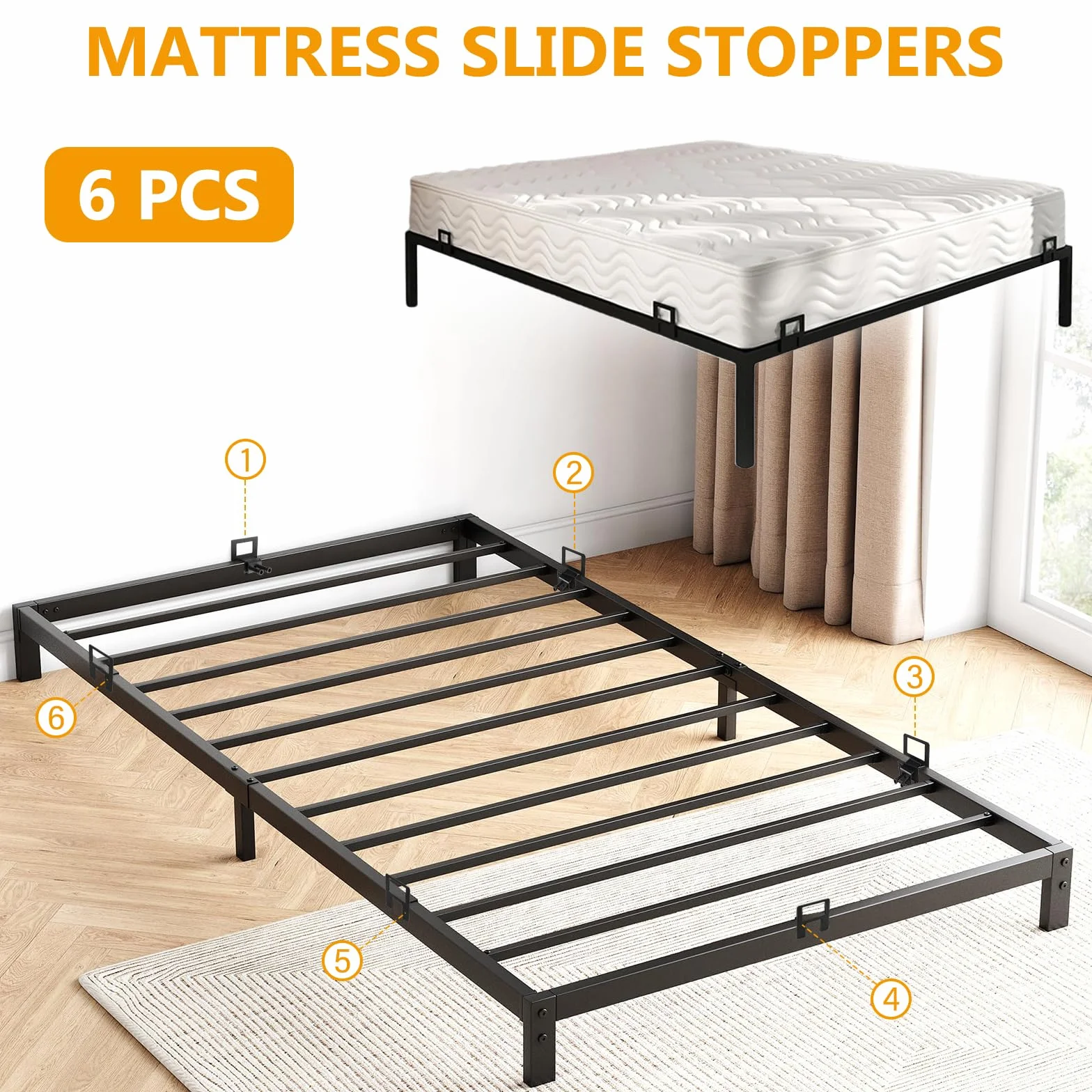 GOMETY 6 juntas antideslizantes para colchón, soporte para colchón contra deslizamiento, soporte para colchón para marco de cama, agarre antideslizante de metal estable para marco de cama de metal