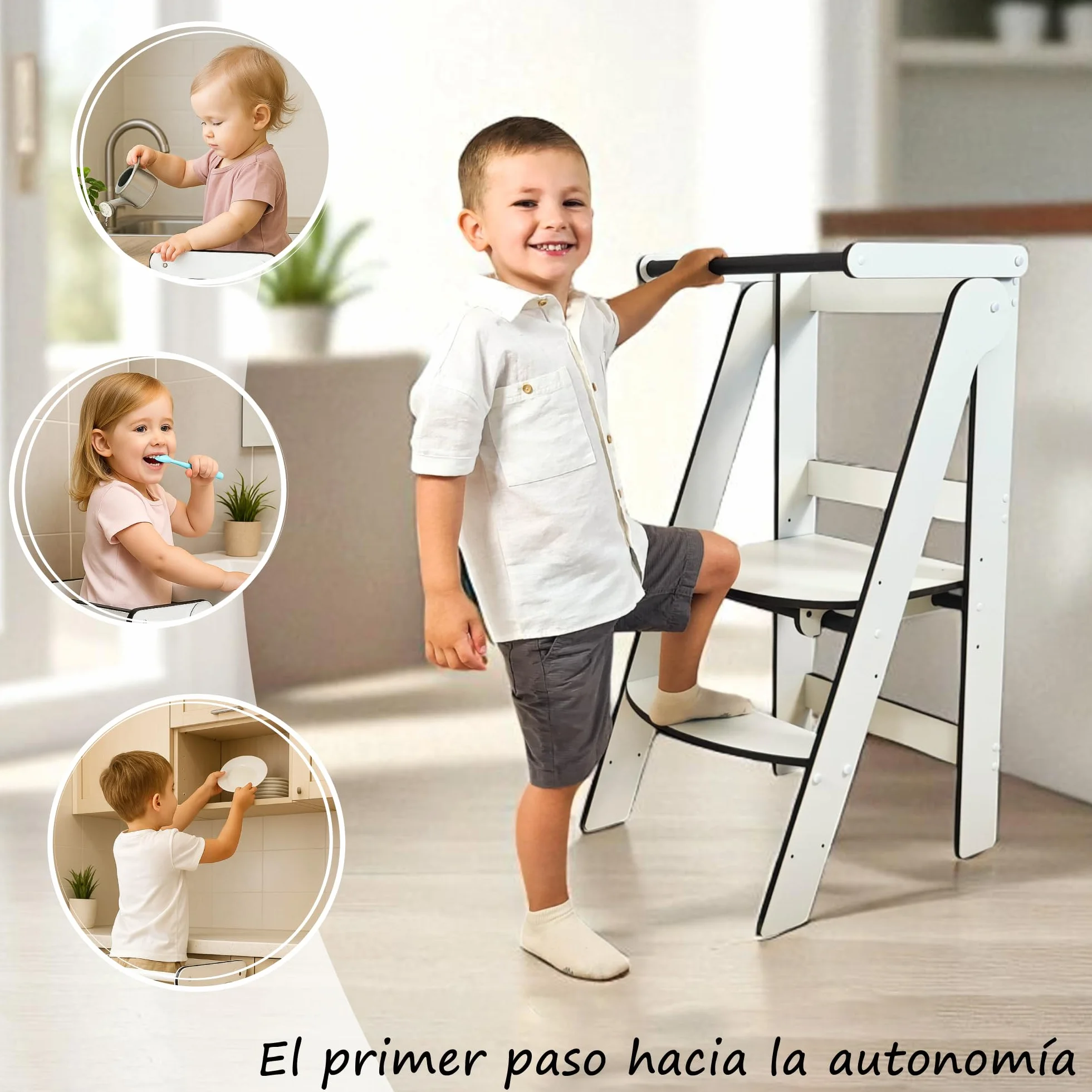 Torre de Aprendizaje Montessori Blanca Compacta, Evolutiva Niños, Escalera 2 Peldaños, Taburete Infantil