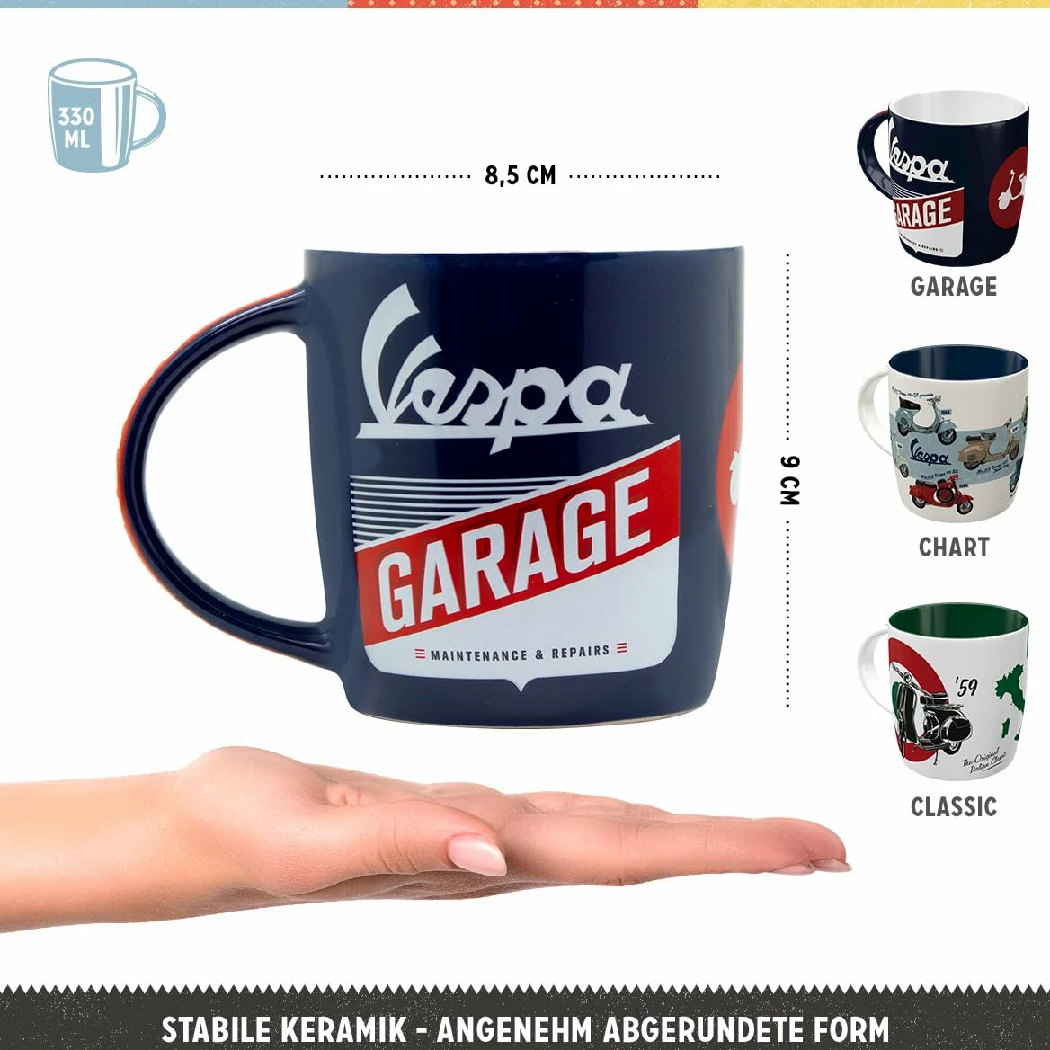 Nostalgic-Art Juego de 3 tazas de café retro de Vespa de 330 ml, idea de regalo para los amantes de los scooters, taza de cerámica, diseño vintage