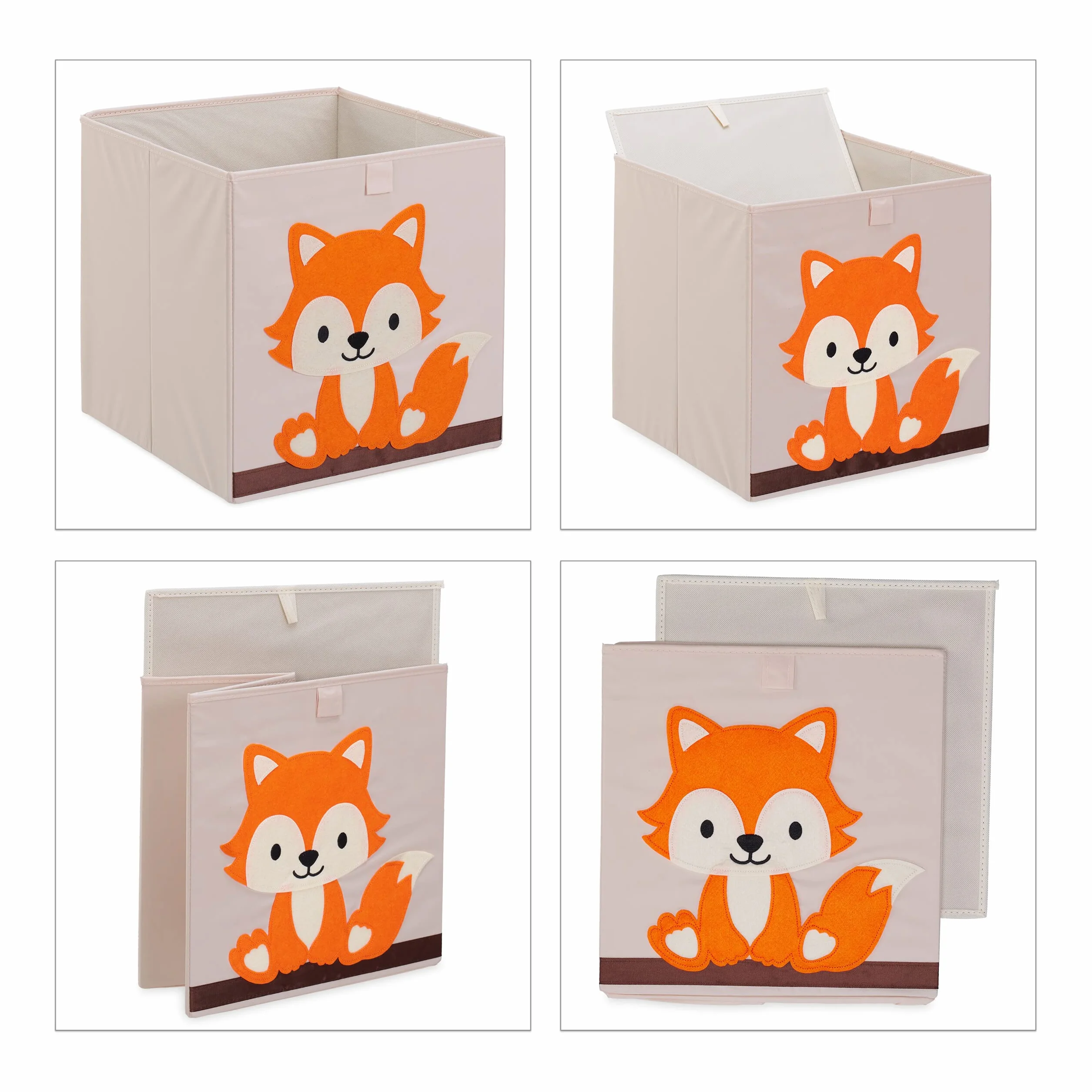 Relaxdays Caja Infantil Almacenaje Juguetes Zorro, Cesta Tela, 33x33x33cm, Beige/Naranja
