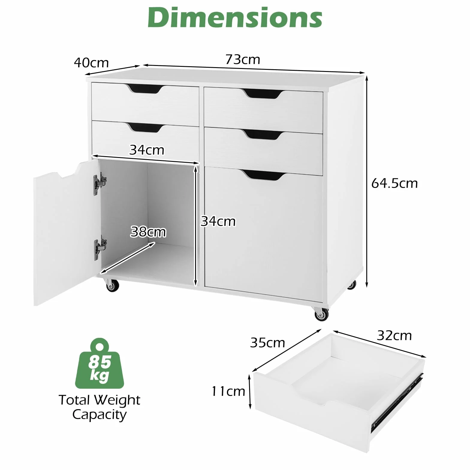KOMFOTTEU Archivador Móvil con 5 Ruedas, Cómoda con 4 Cajones y 2 Armarios con Puertas, Soporte para Impresora de Madera, Mueble de Almacenamiento para Oficina, Salón
