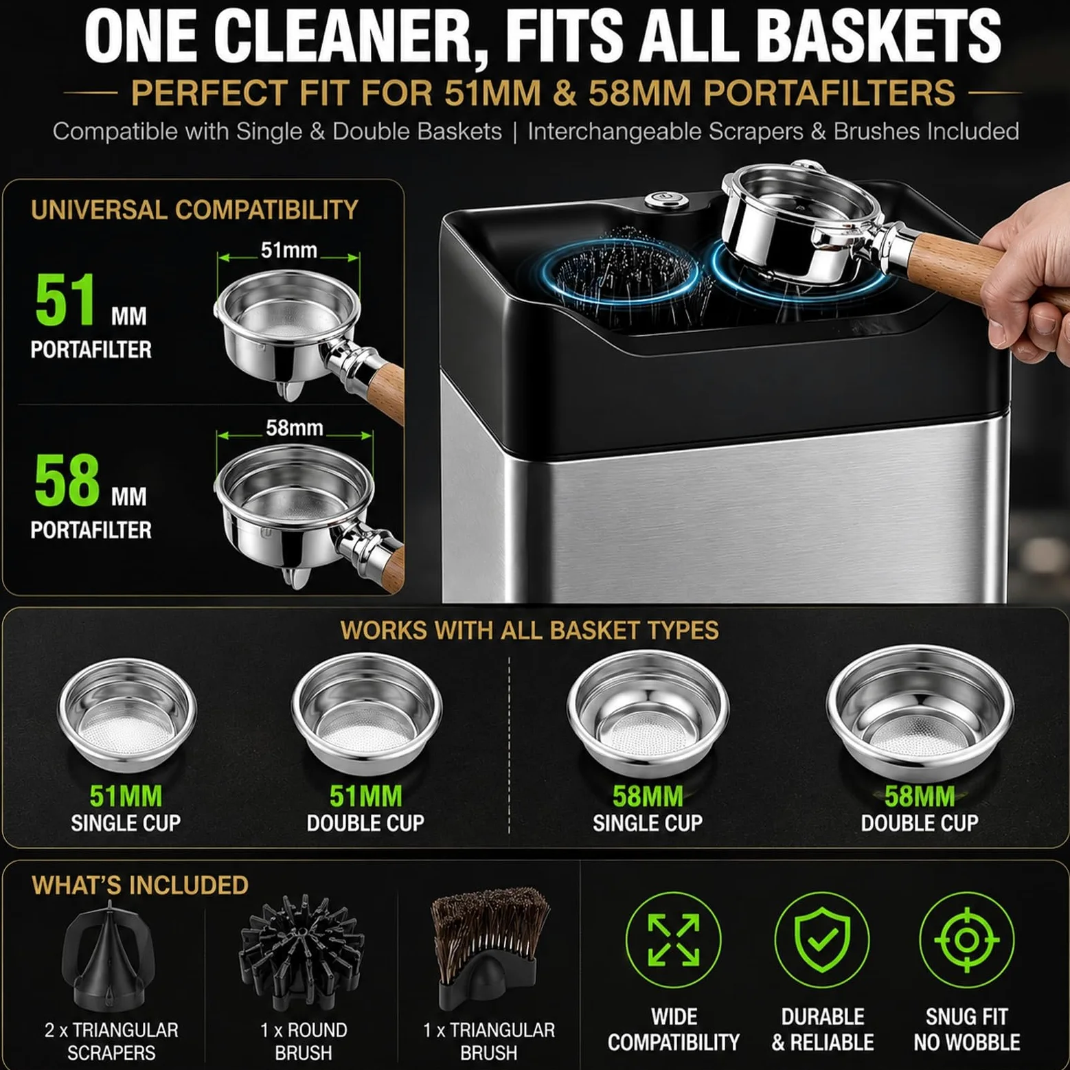 Máquina Limpieza Portafiltros Espresso Automático, Funcionamiento Silencioso 20W Caja Golpeteo, Kit Herramienta Barista Profesional con Cepillos Intercambiables(Black)