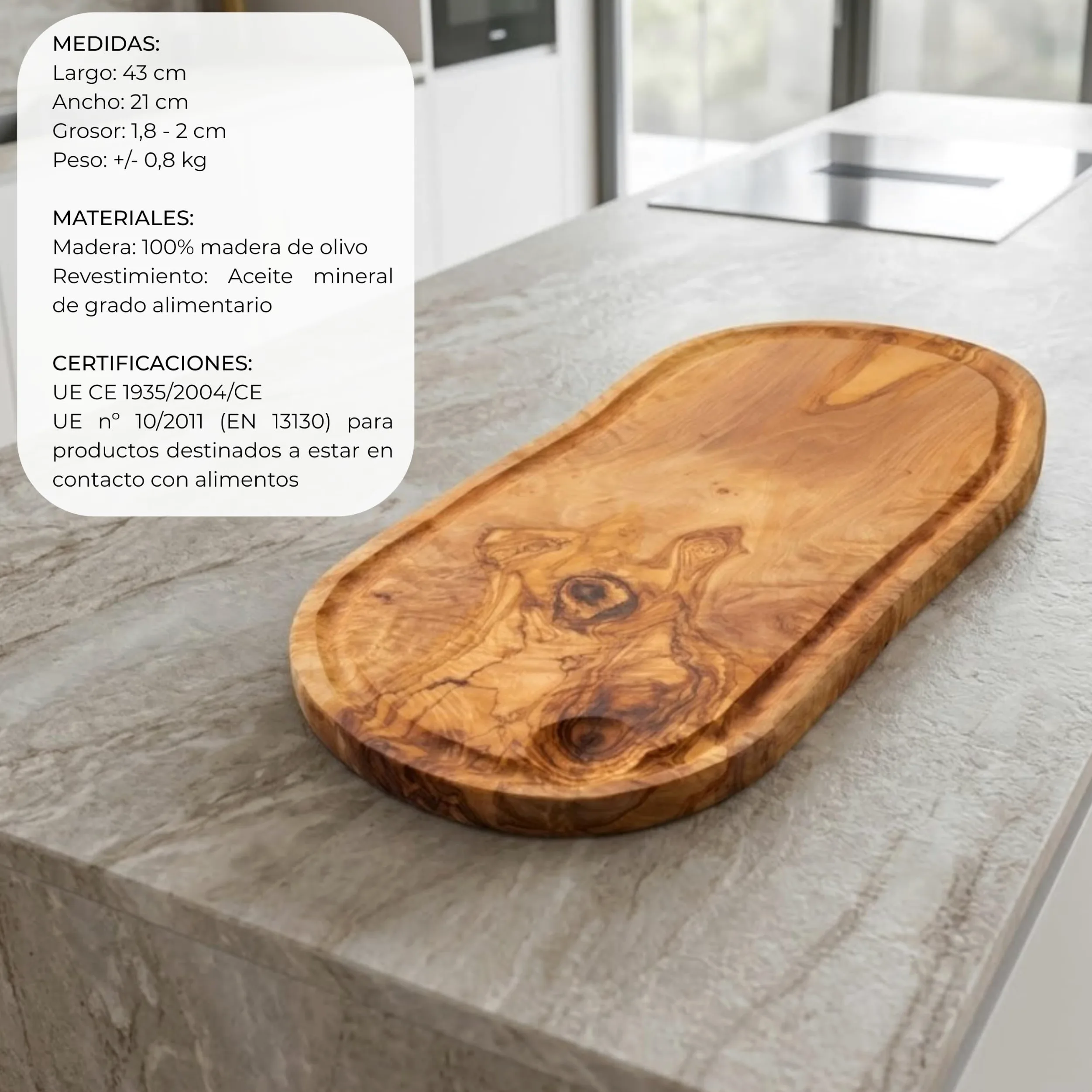 Erreke Tabla de Madera de Olivo Natural con Ranura, 43 x 21 cm, Uso Diario | Tabla Madera Cocina. Reversible con Canal para Jugos. Servir y Picar Carne Quesos. Estilo Mediterráneo. Para Cocina y Mesa