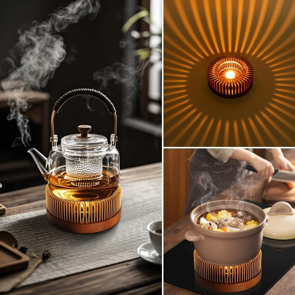Calentador de Tetera de Aluminio con Base de Madera, Universal para Té, Café, Camping
