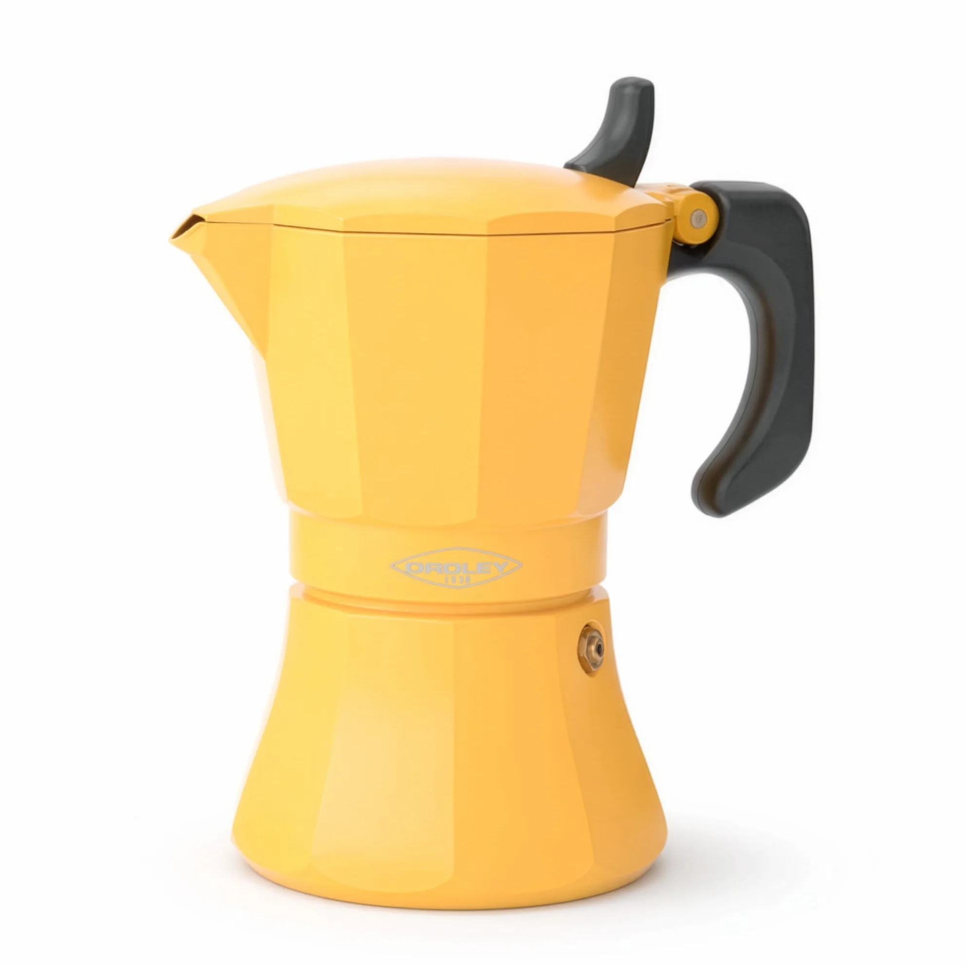 Oroley - Cafetera Italiana Petra | Base de Acero Inoxidable | Cafetera Inducción, Vitrocerámica, Fuego y Gas | Estilo Tradicional (Mostaza, 6 Tazas)