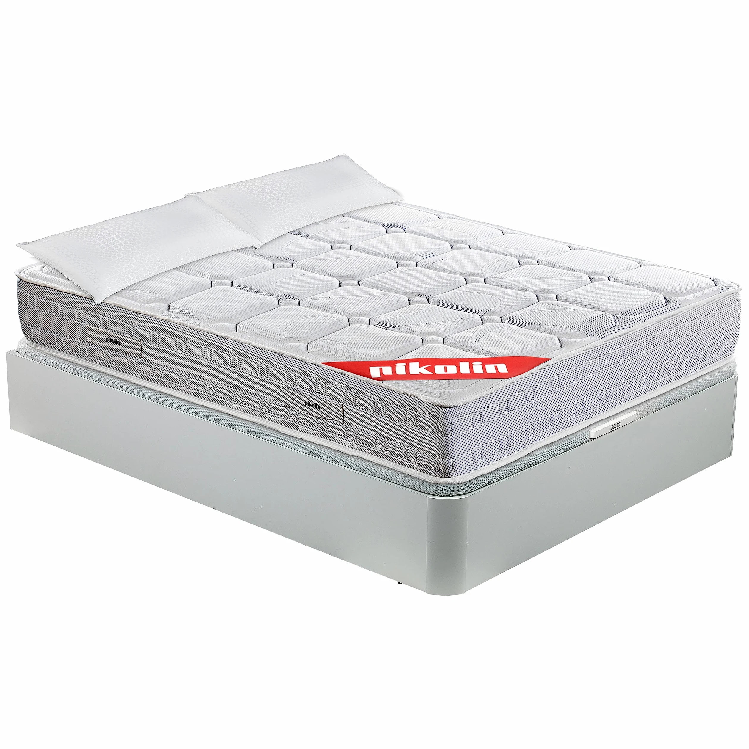 PIKOLIN Pack Colchón Wow, Muelles Ensacados 27cm + Canapé Abatible Blanco + 2 Almohadas Fibra con Entrega, Montaje Dentro del Domicilio y Retirada de Colchón y Base Usada Incluido, 135x190