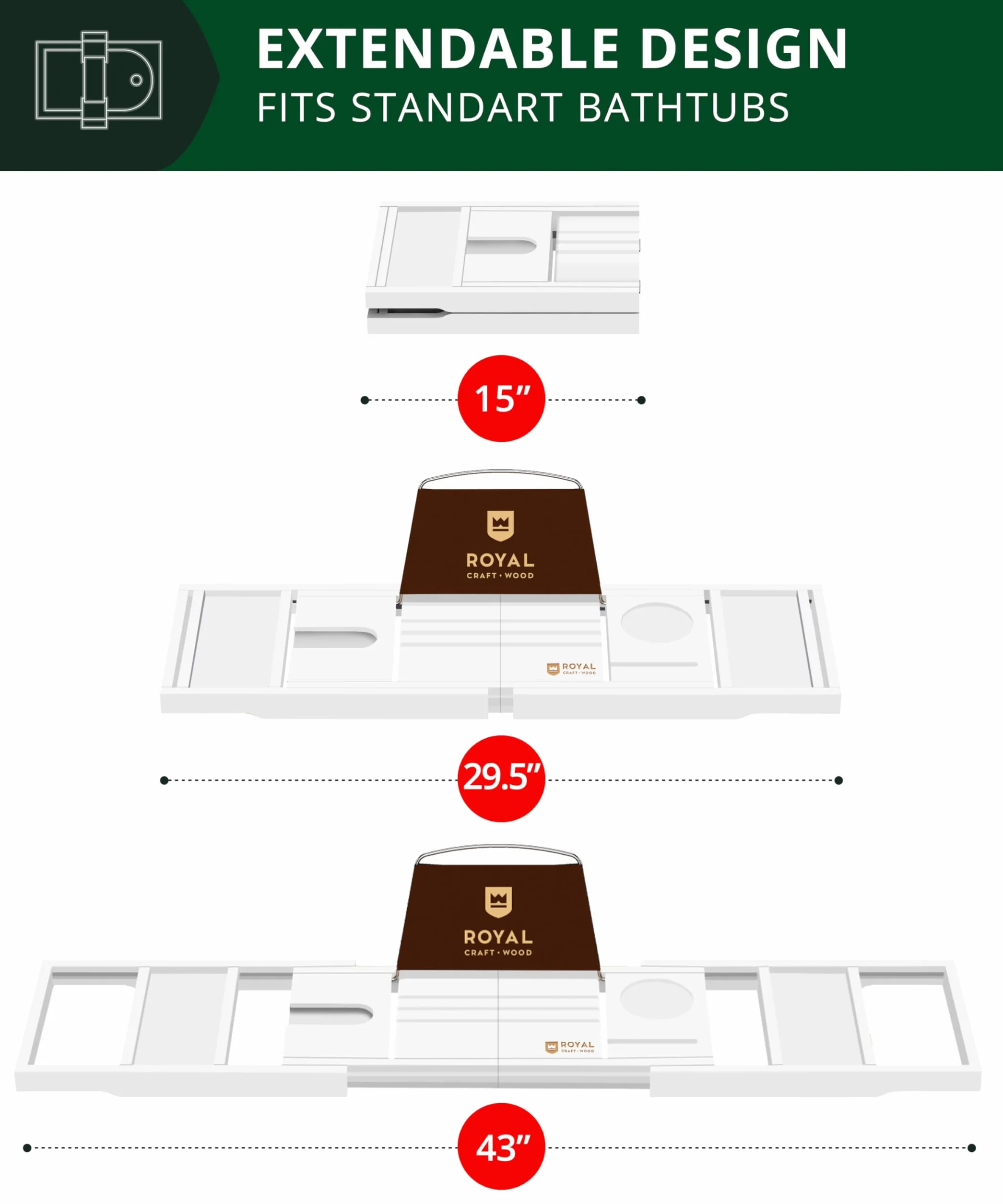 Royal Craft Wood Bandeja de Lujo para bañera, Bandeja de baño y Cama para 1 o 2 Personas, Bandeja de Mesa de bañera con Lados Extensibles, Bandeja organizadora Ajustable para baño, jabonera Gratis