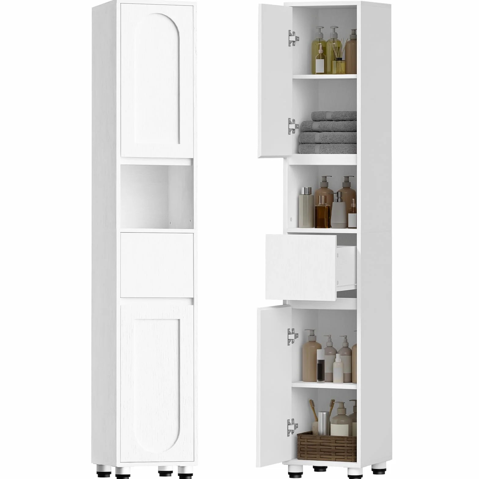 HOOBRO Armario de Baño de 30 x 30 x 170 cm, Puertas y Estantes Interiores Ajustables, 1 Compartimento Abierto y 1 Cajón, para Espacios Reducidos, Baño, Pasillo y Cocina, Acabado en Blanco EWW22BC01