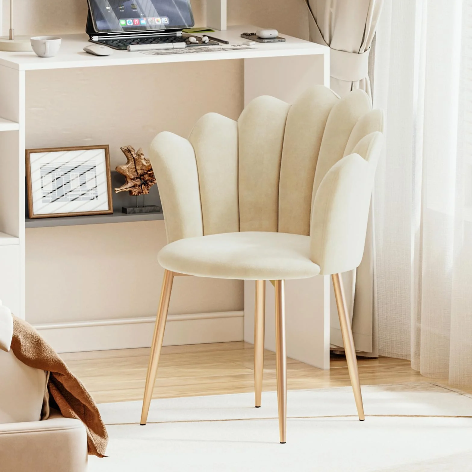 Silla de tocador, butaca de terciopelo con patas de metal dorado, elegante silla de concha, silla acolchada para salón, butaca de salón cómoda, con reposabrazos de diseño