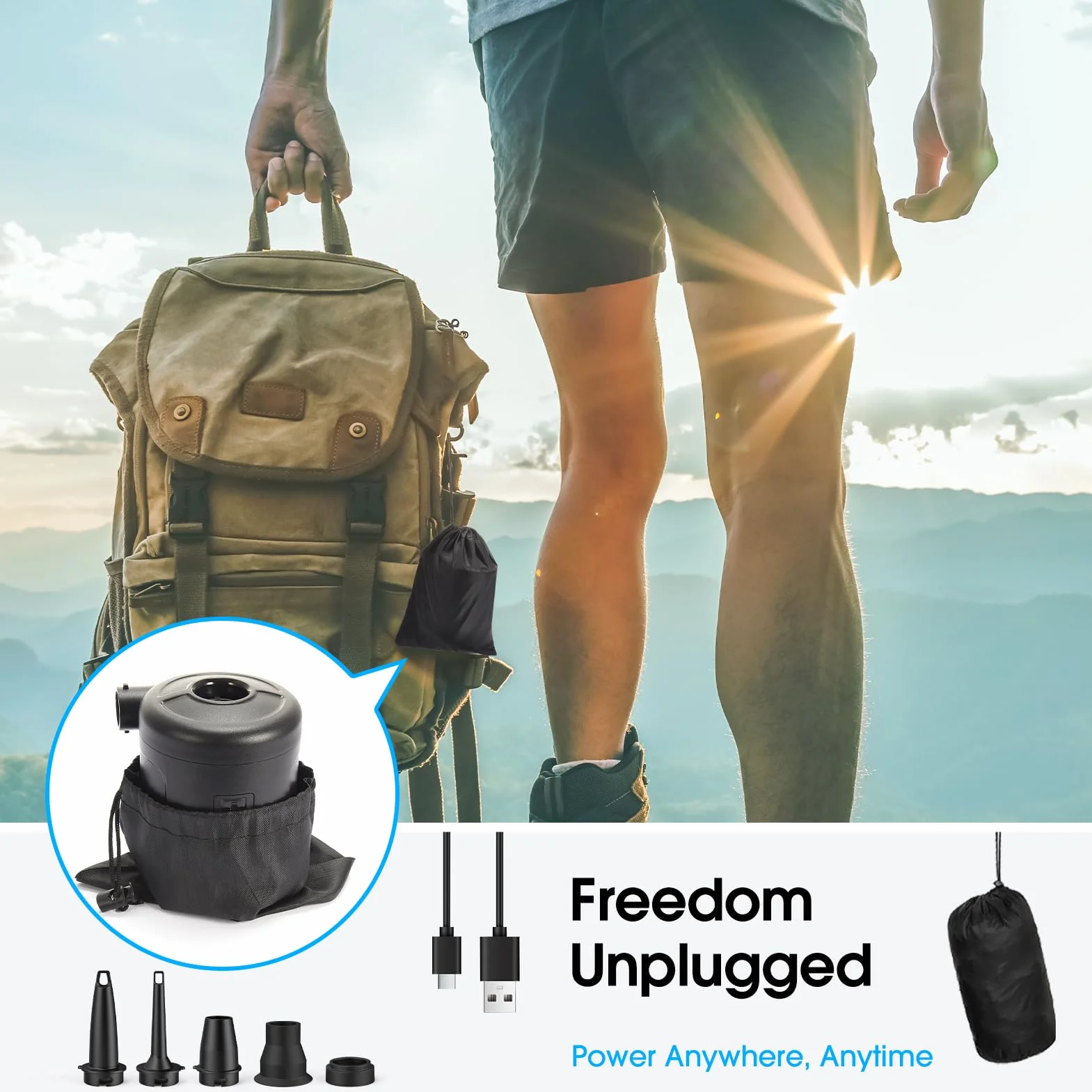 Inflador Eléctrico 6000mAh Bomba de Aire Portátil Recargable con 5 Boquillas para Colchón Hinchable, Bote Inflable, Piscina Infantil