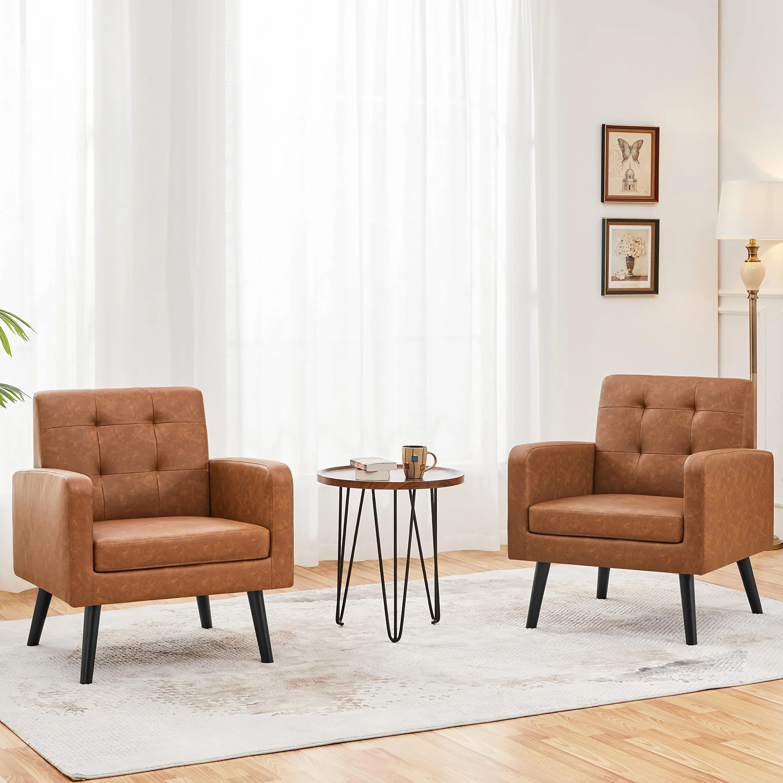 Yaheetech Butaca de Salón Sillón Lectura Tapizada en PU con Respaldo Alto y Patas de Madera de Caucho Sillón Relax Moderno para Salón Dormitorio o Balcón Carga 136 kg Marrón