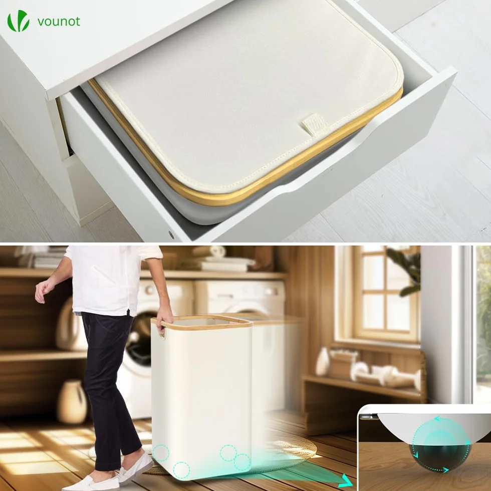 VOUNOT® Cesto Ropa Sucia 100L con Ruedas Cesta para la Colada, Cubo Ropa Sucia con Tapa y Asas de Bambú para Ropa, Cesta de Ropa Plegable Laundry Basket con Bolsa Interior Extraíble, Beige