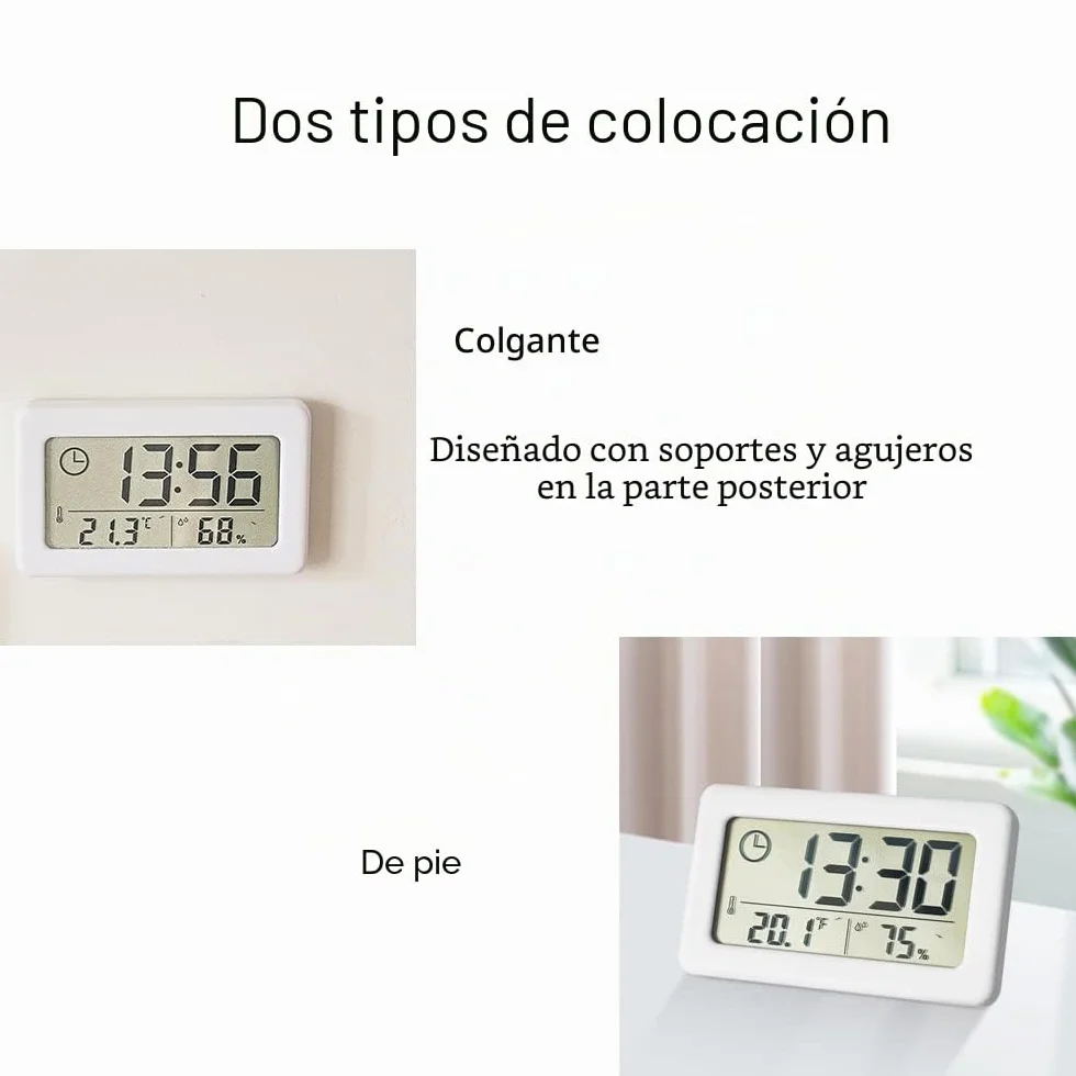 Termómetro Higrómetro Electrónico, Pequeño Reloj con Temperatura Humedad ℃/℉ Interruptor Batería Pantalla LCD 12/24 Horas Colgado Pie para Hogar Dormitorio