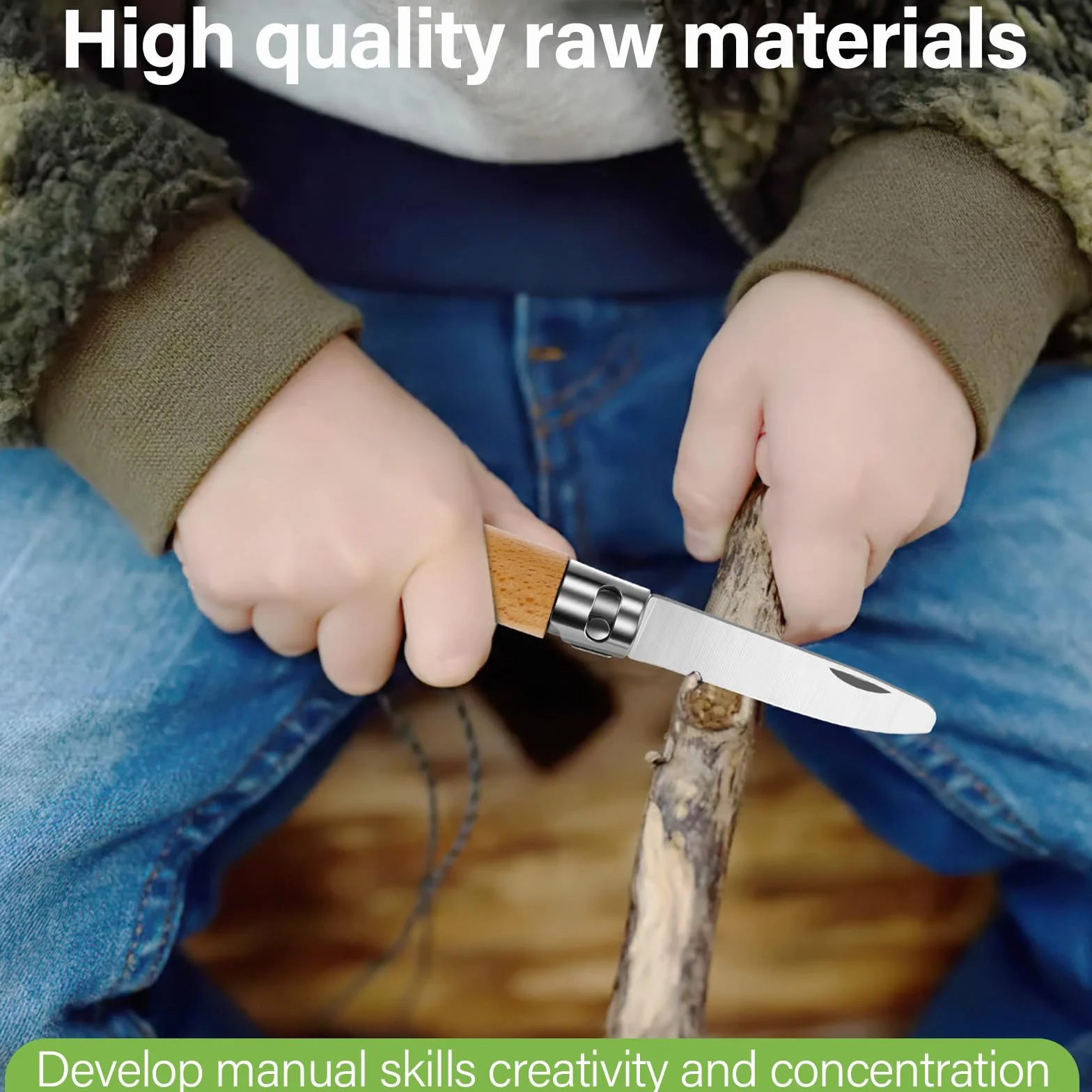 Cuchillo de tallado para niños con mango de madera plegable y guantes
