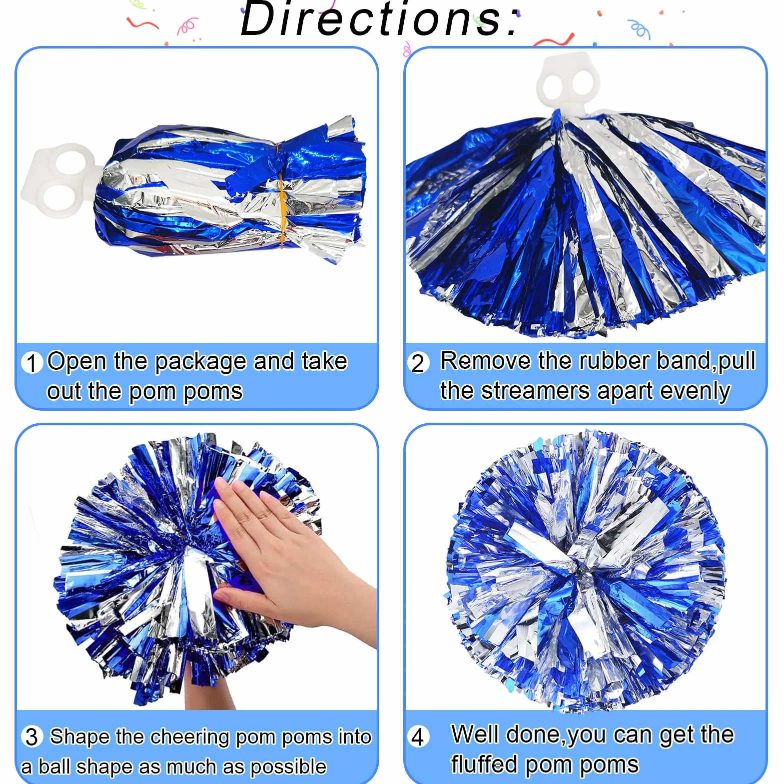 Pompoms Animadoras Azul con Asas 3 Piezas para Deportes Spirit Cheering