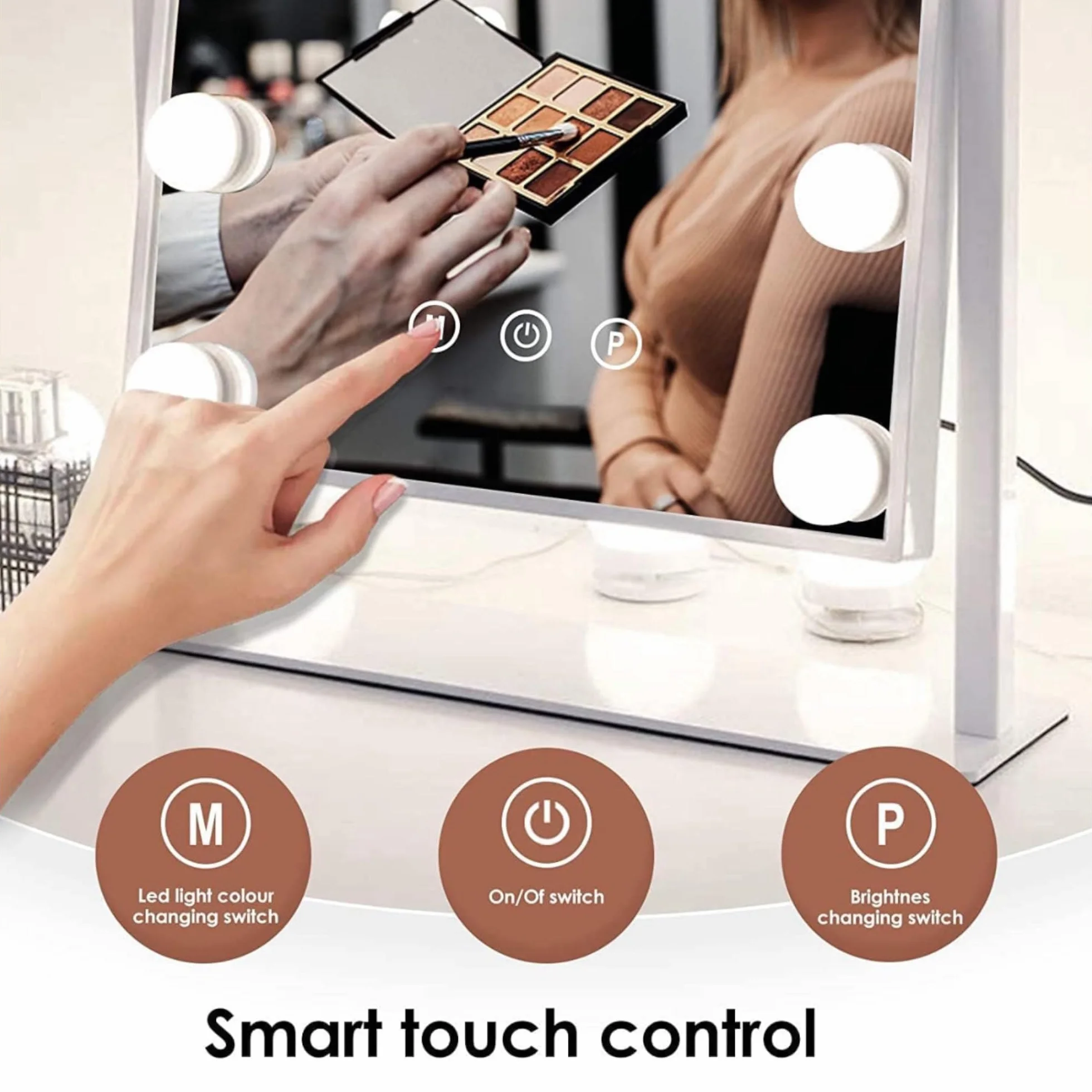 Espejo de Maquillaje con Iluminación LED, 15 Bombillas, 3 Modos de Luz, Control Táctil, USB Recargable, Aumento
