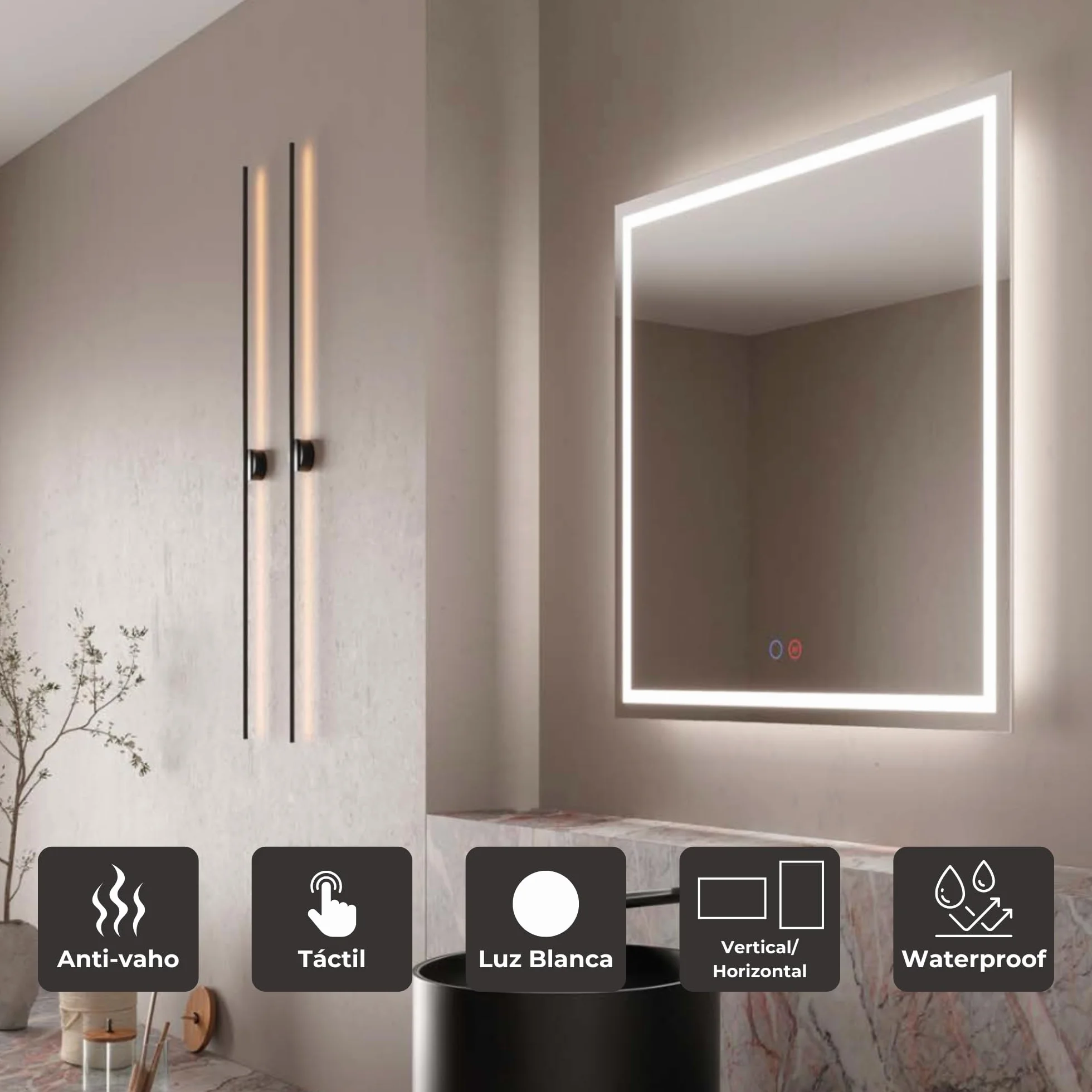 NOLUXA LEDIMEX - Espejo Retroiluminado 90x80cm con Luz LED y Antivaho para Baño | Espejo Inteligente Rectangular con Luz Frontal Fría 6500k y Sensor ON/Off | Serie Holanda