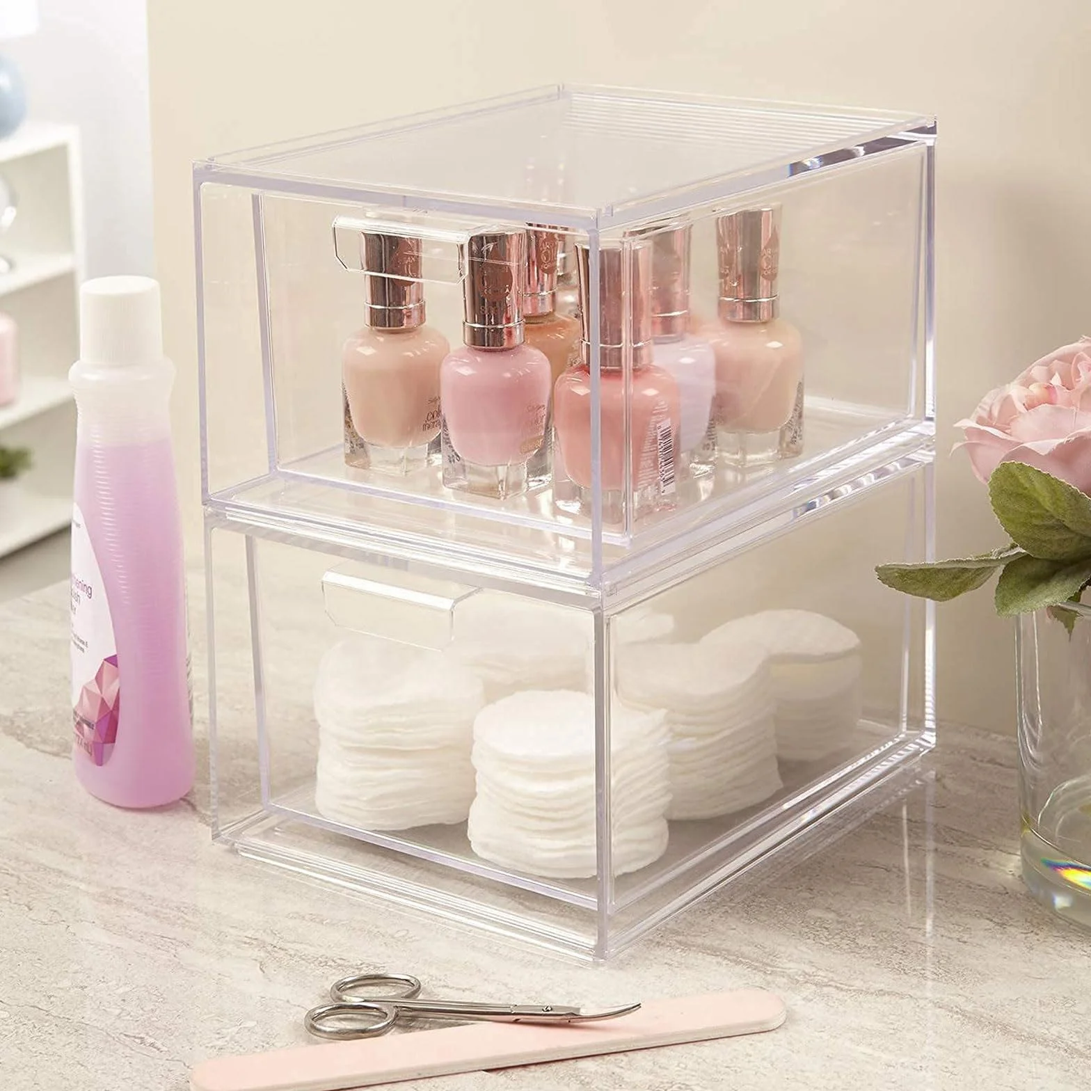 2 Organizadores de Cajones para Baño, Organizador de Baño y Cosméticos, Cajón de Acrílico Transparente, Blanco