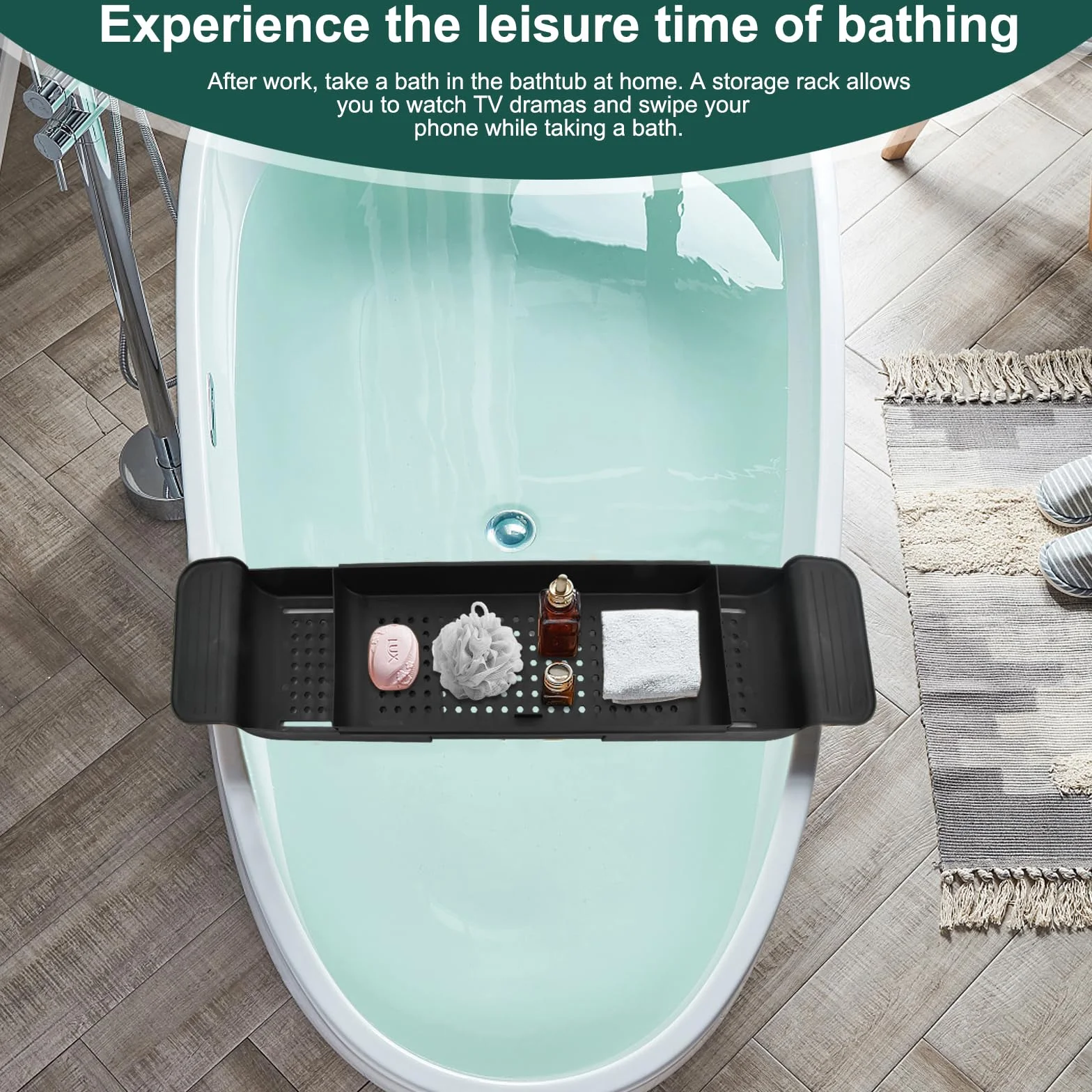Amexo Bandeja para Bañera con Diseño de Desagüe, de Plástico Expandible, Bandeja para Copas de Vino, Tabletas, Aromaterapia, Peines, Velas, Productos de Baño (Negro)
