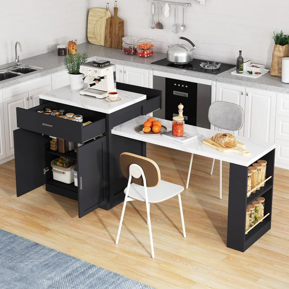 Isla de cocina con mesa de comedor extensible para 4 a 6 personas, mesa de cocina bicolor, toma de corriente, mueble de almacenamiento, 2 cajones, 2 estantes laterales abiertos