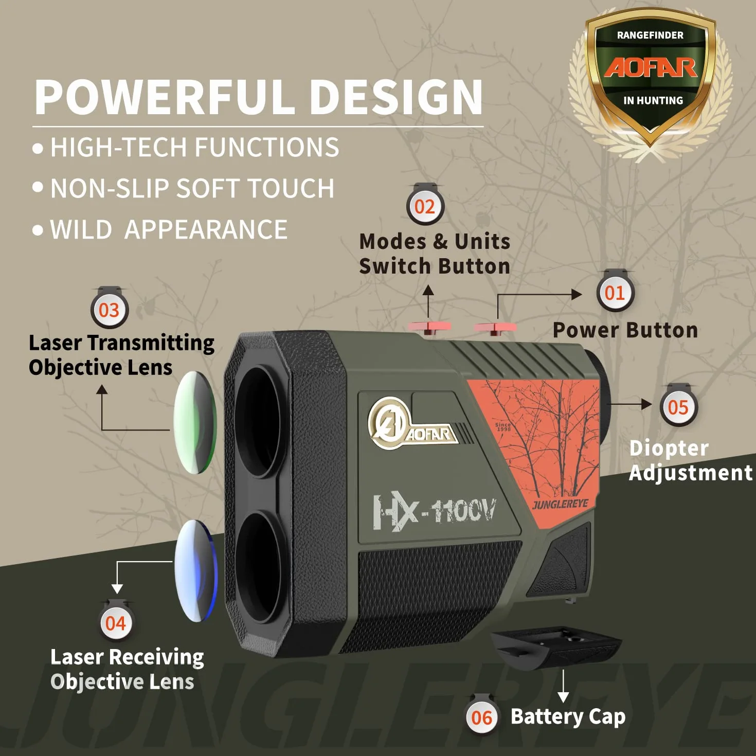 AOFAR HX-1100V Telémetro de alta precisión 1100 yardas 6X aumento ángulo y distancia horizontal