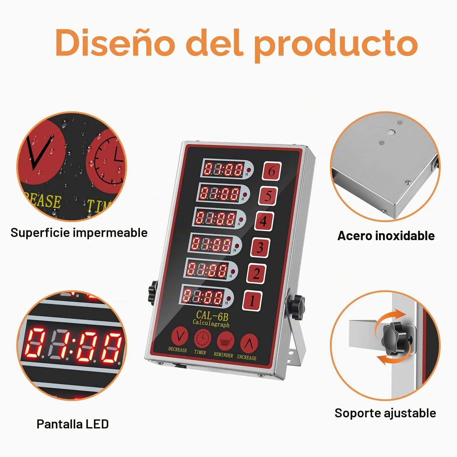 Temporizadores de Cocina de 6 Canales, Reloj de Cocina para Restaurantes Comerciales, Cronometro Digital Profesional, Pantallas LED, Fuertes Sirenas, Volumen Regulable, Función recordatorio
