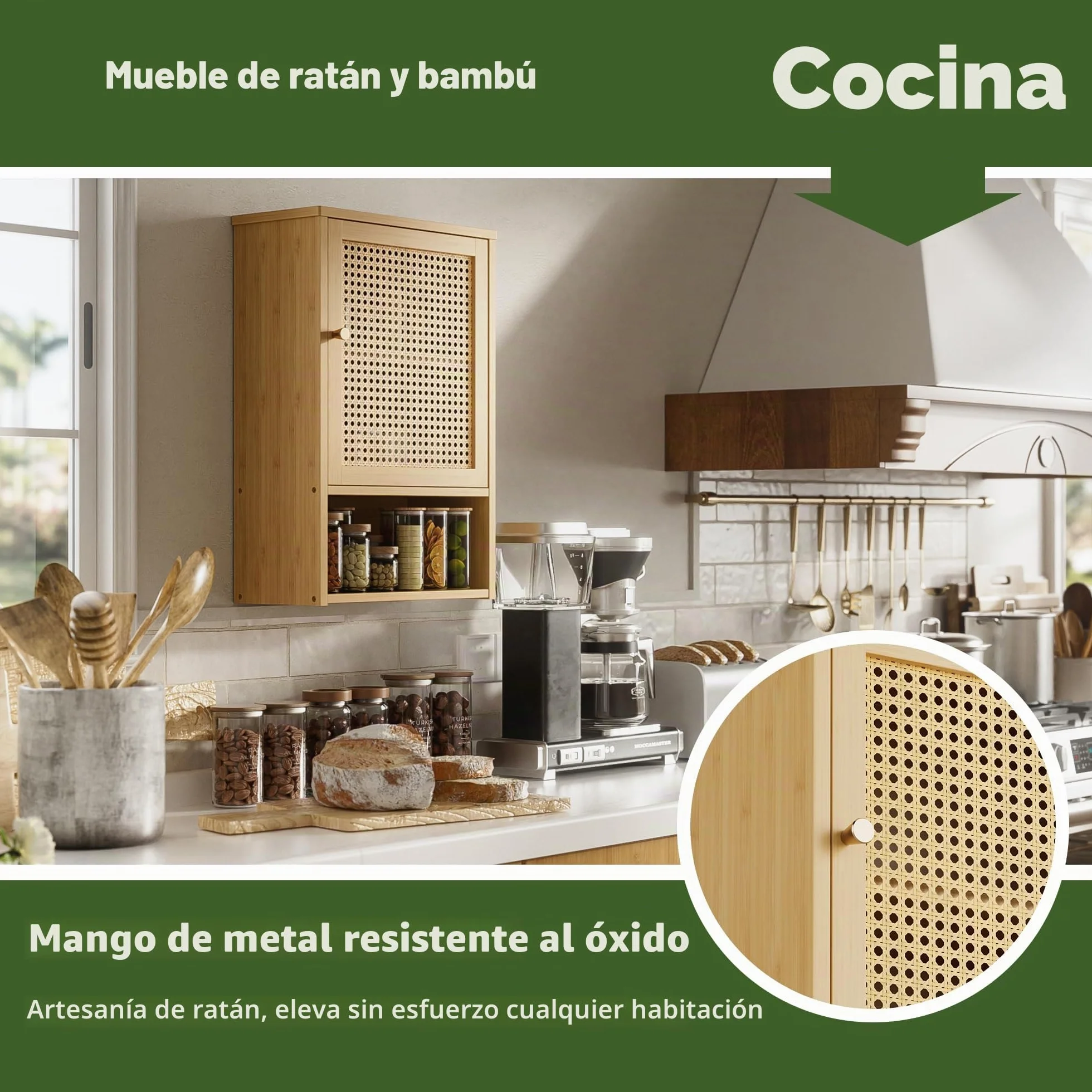 Armario de Pared para Baño, Organizador de Bambú para Almacenaje sobre el Inodoro con Puertas de Ratán y Estante Ajustable, Botiquín Ahorrador de Espacio para Lavandería, Cocina (Natural)