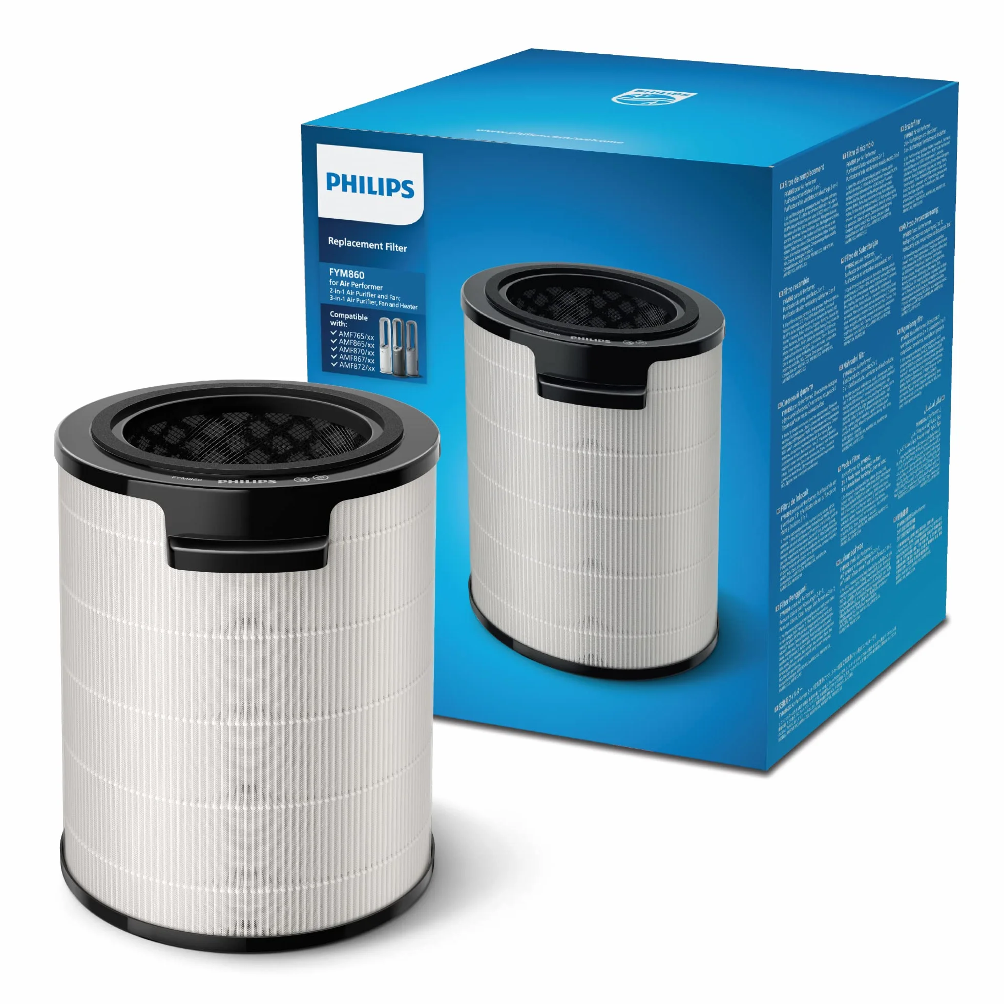 Philips Filtro de Repuesto, Integrado 3 en 1 para purificadores de aire AMF870 y AMF765, Vida útil de 12 meses Filtra el 99,97% a 0,003 μm, Prefiltro, HEPA, carbón activo, (FYM860/30)