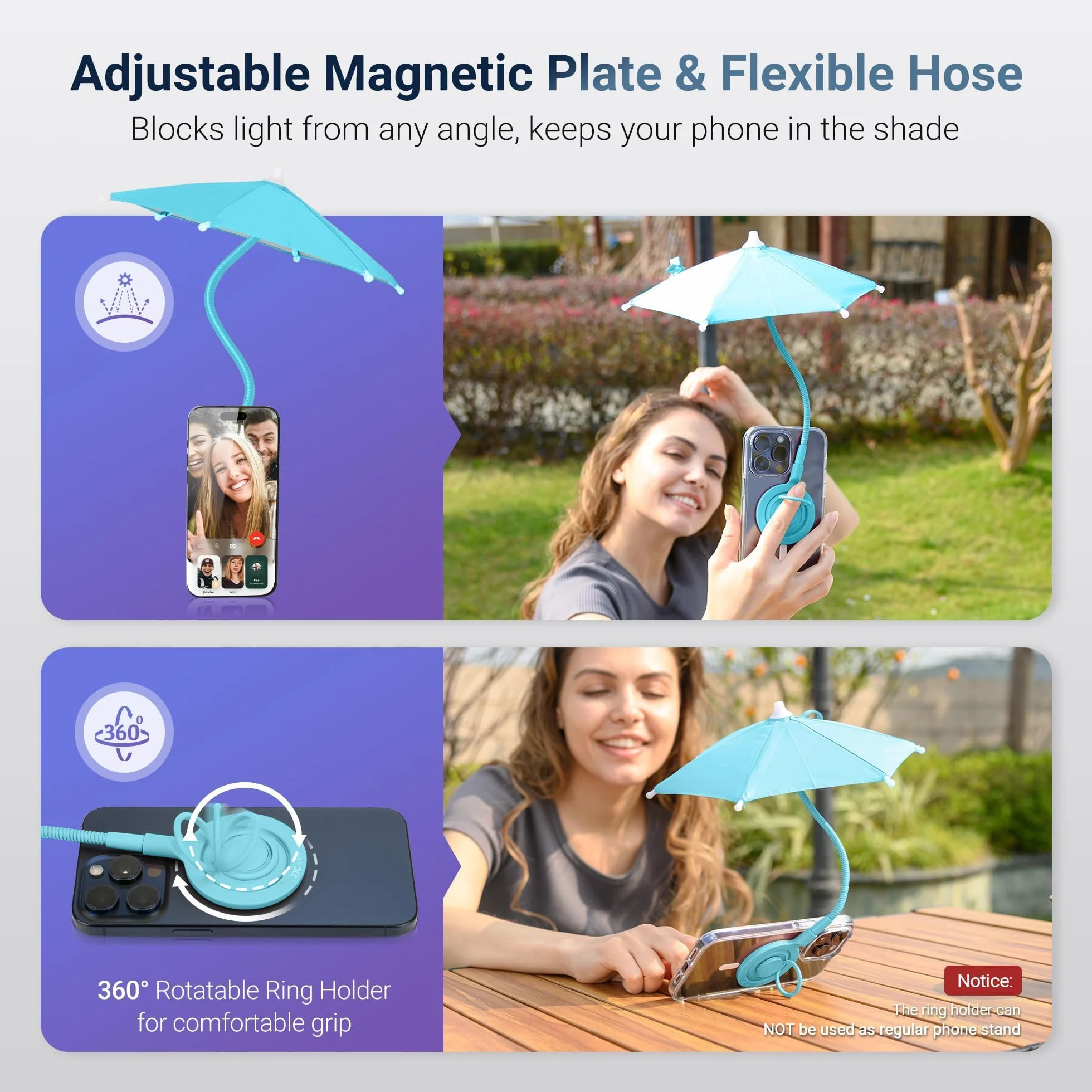 Paraguas magnético para teléfono parasol ángulo flexible anillo giratorio iPhone 16 15 14 13 12 Pro Max