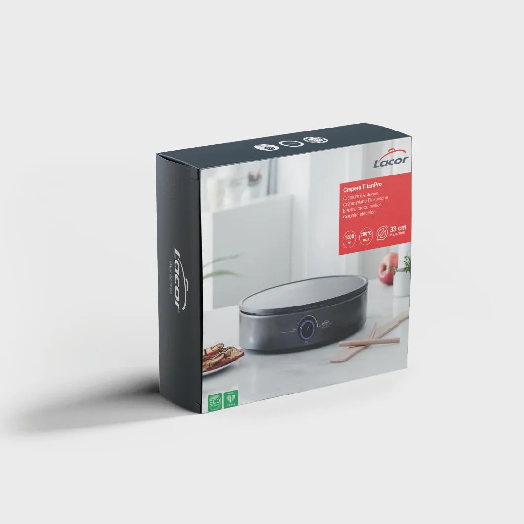 Lacor - 69433 - Crepera Eléctrica 1500W, Creps XL, Termostato Regulable, Indicador Luminoso, Incluye Rastrillo y Espátula de madera, Eco y 100% libre de PFOA, Placa Ø33 cm