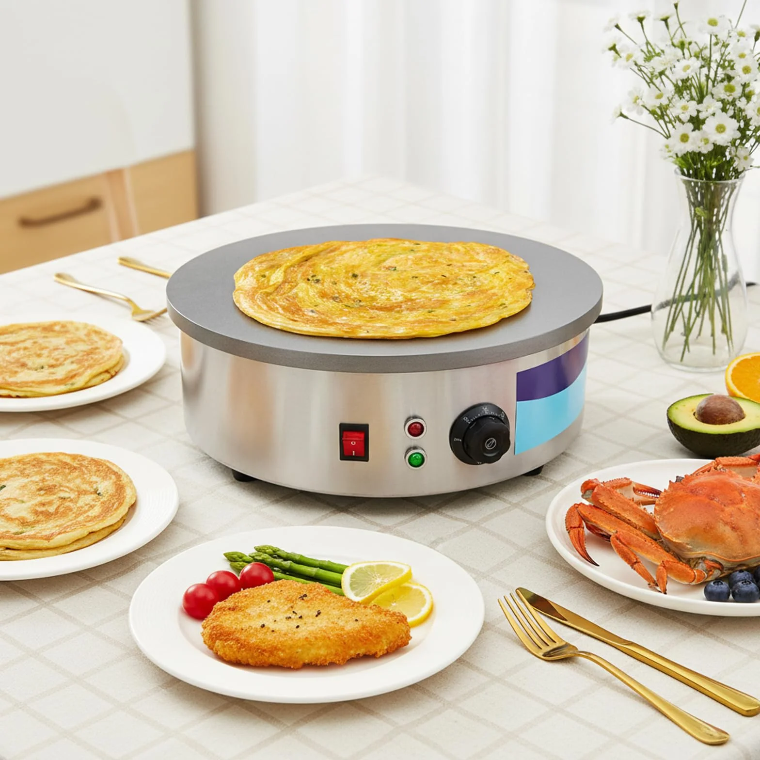 45 cm Crepes eléctrico 3000 W Gastro – Plancha profesional de hierro fundido para crepes Gözleme, Yufka & Pancakes – Máquina para crepes 50 – 300 °C, con espátula y distribuidor