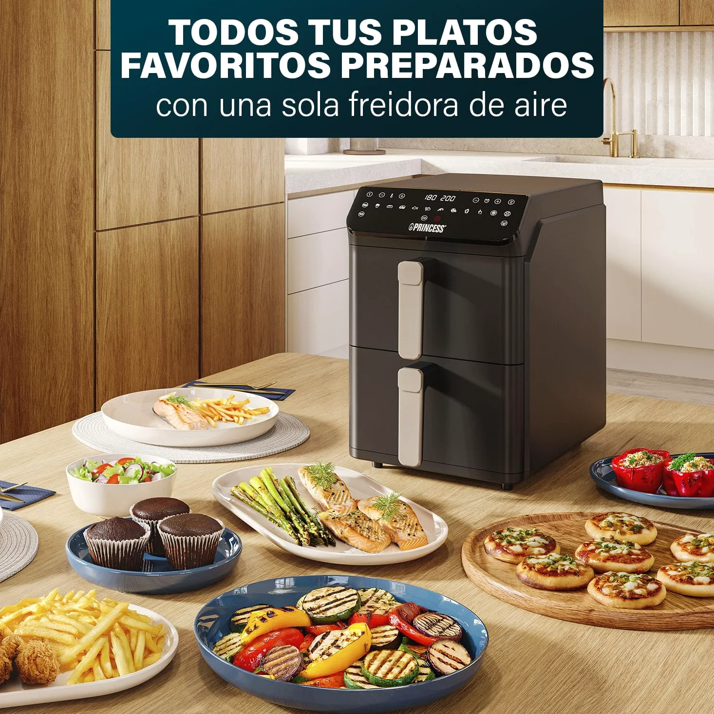 Princess Stack Freidora de Aire, Doble Freidora, 11,2 L, 3000 W, Diseño Vertical, Función Sincronizada, Revestimiento sin PFAS, Negro, 01.182278.01.001