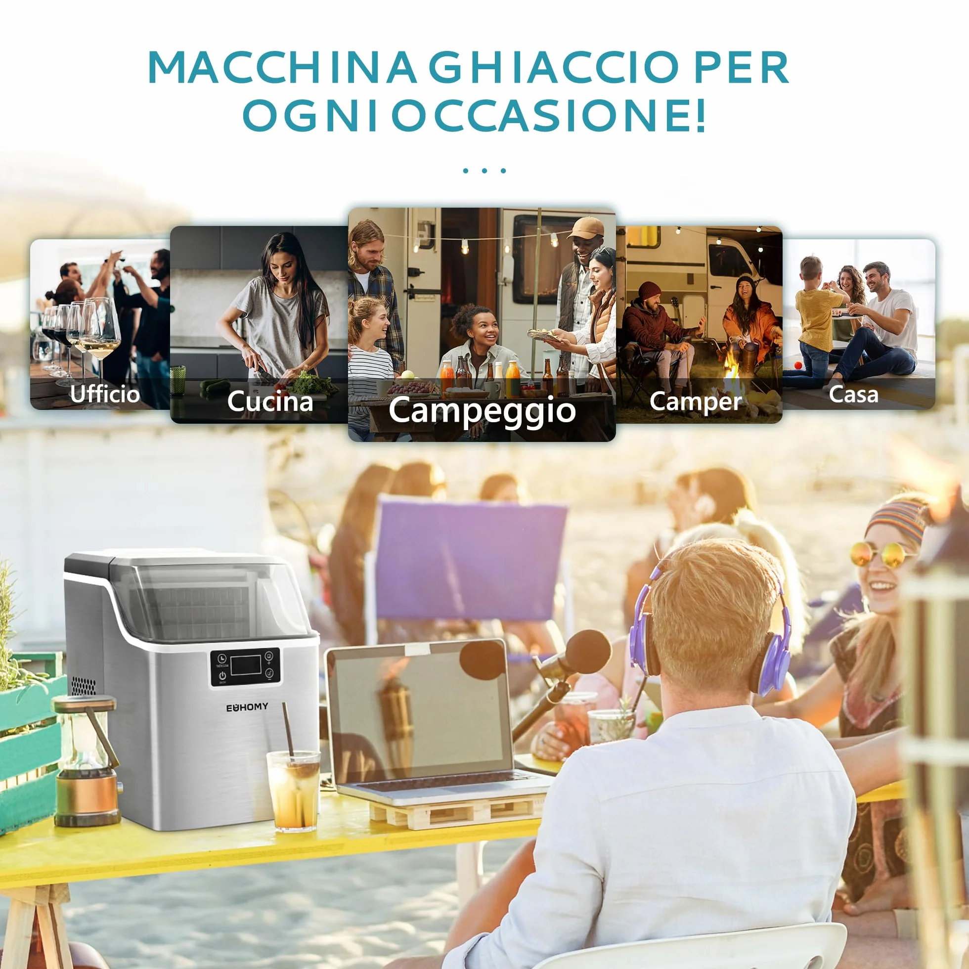 EUHOMY Máquina de hielo para el hogar: 24 cubos en 13 minutos, 20,5 kg/24 horas, autolimpiable, 3,2 l, con pala/cesta, para cocina/oficina, acero inoxidable