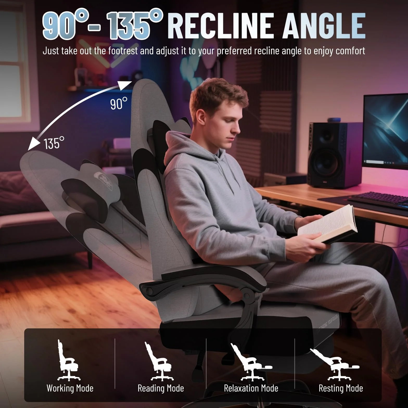 Ferghana Silla Gaming Ergonómica,Silla Gamer Tela Transpirable,Silla de Oficina con Soporte Lumbar Masaje,Asiento Elastico,Reposacabezas,Respaldo Reclinable 135°,Regulable en Altura,Azul Claro