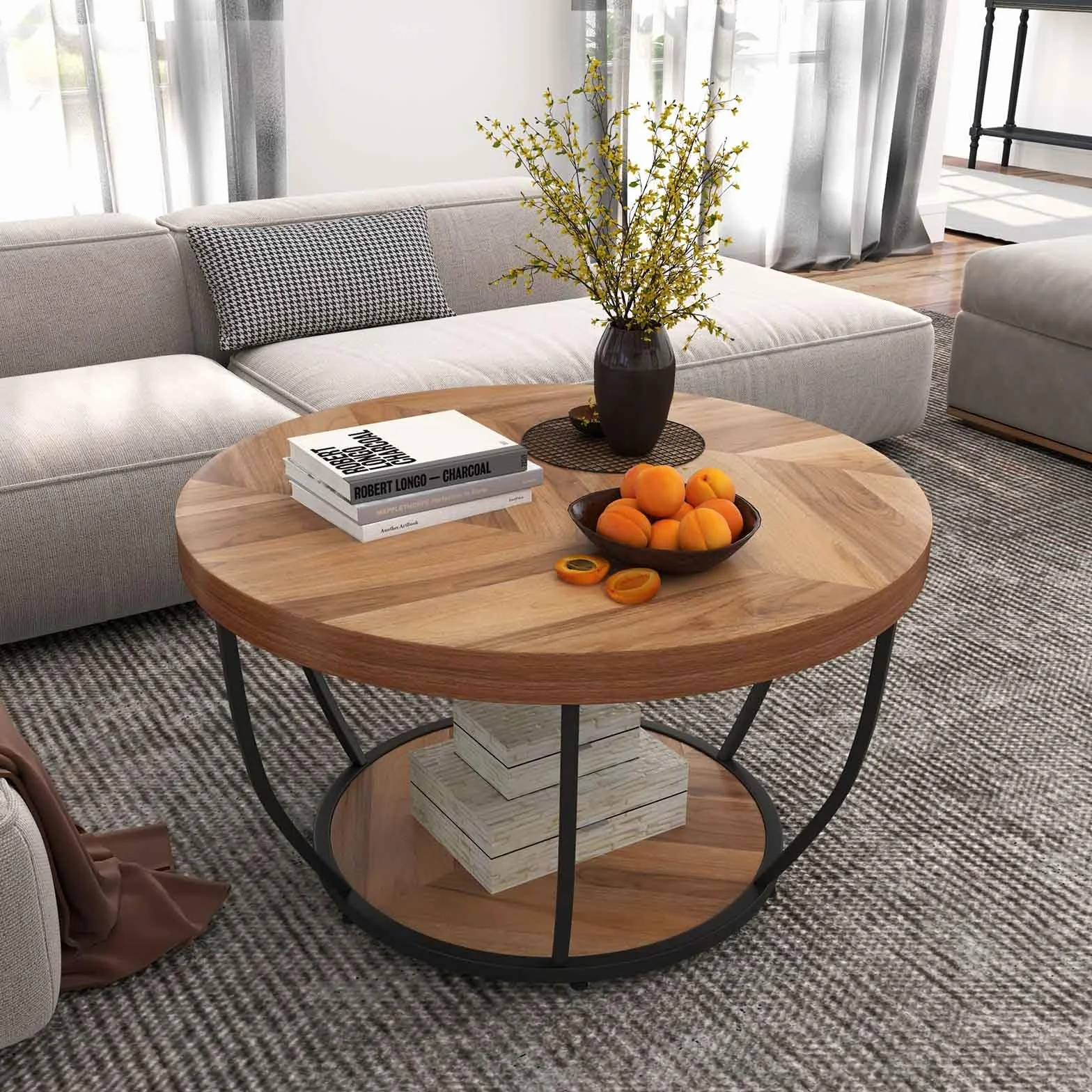 LIFEZEAL Mesa de Centro Redonda, Mesa de café de 2 Niveles con Estructura de Metal, Mueble de sofá para salón, 80 x 80 cm, Estilo Industrial (Natural)