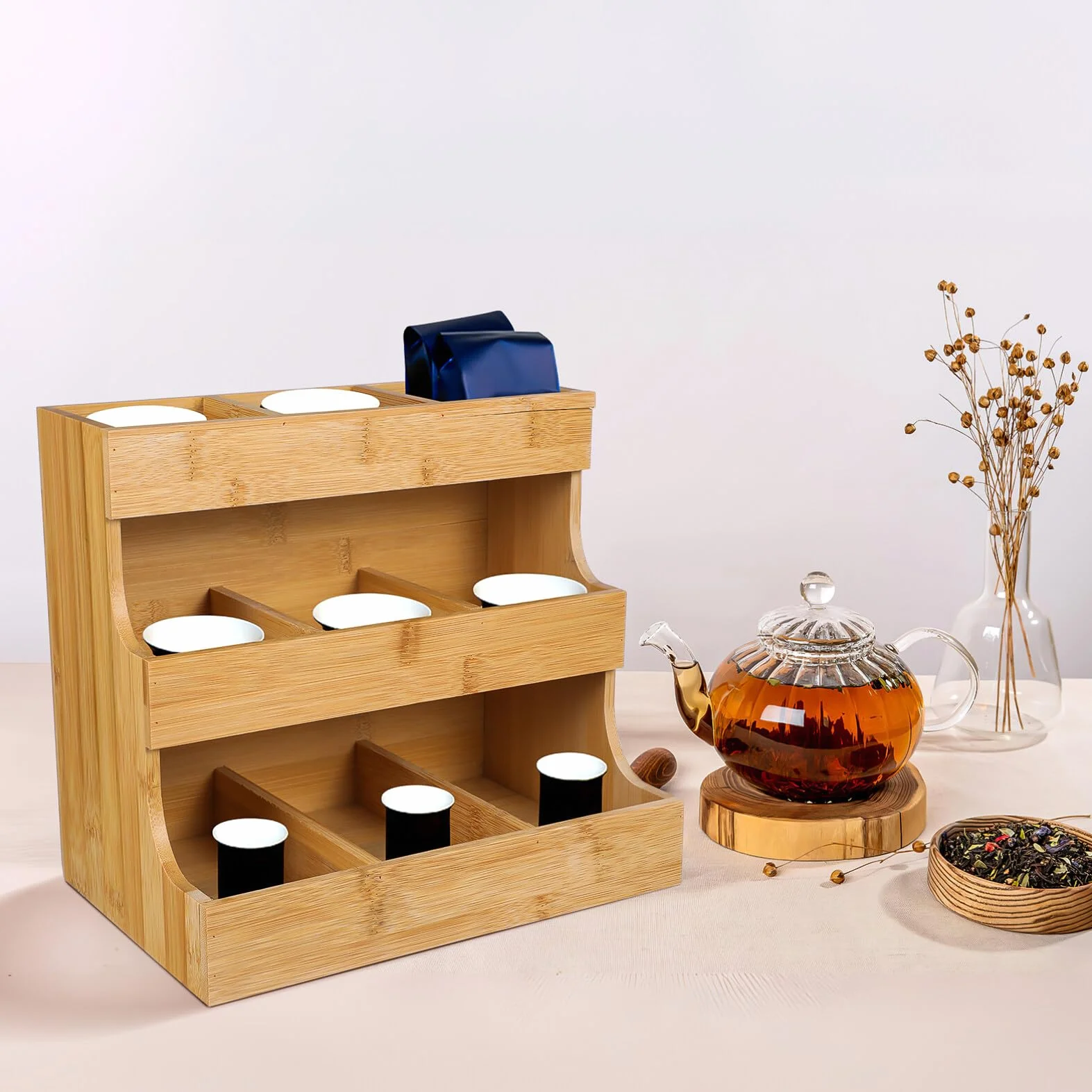 Tofficu Organizador De Bolsas De Té Soporte De Almacenamiento Para Bolsas De Té Contenedores De Caja De Té De Madera De 3 Capas Estante Para Paquetes De Té Para Gabinete Encimera Oficina