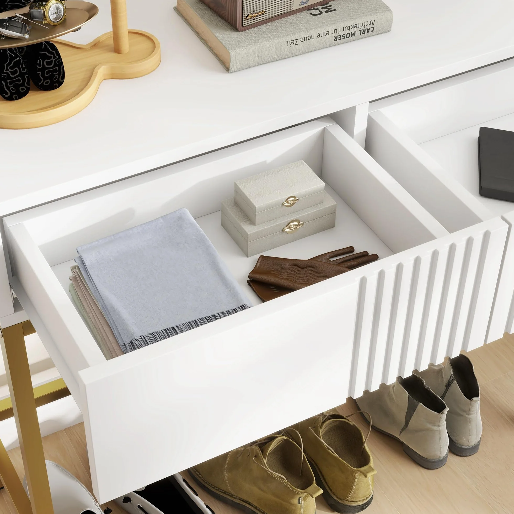 HOMCOM Mesa Consola Moderna Mesa de Entrada con 2 Cajones y Patas de Acero Dorada Antivuelco Mueble de Recibidor para Salón Pasillo 80x31,5x75 cm Blanco
